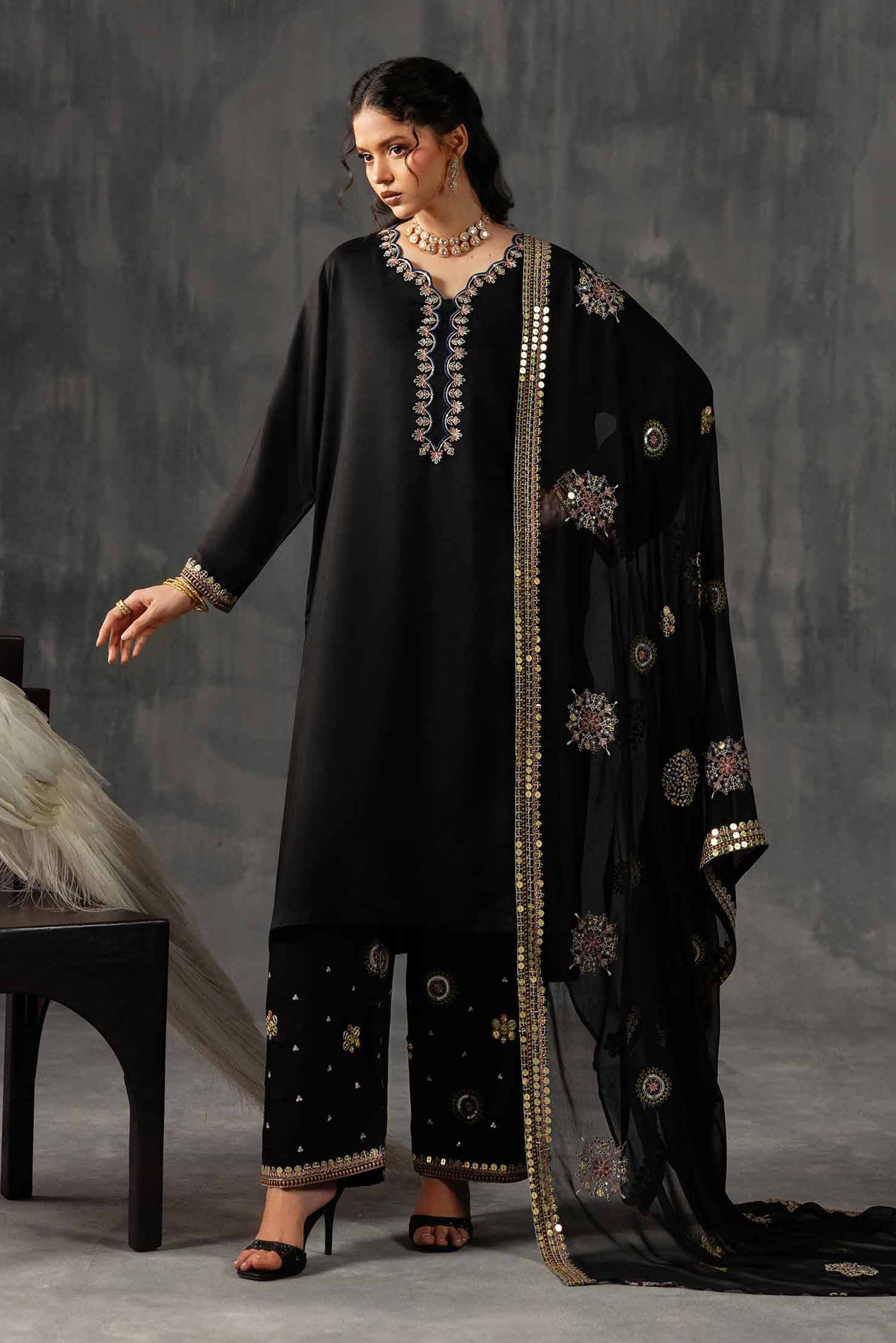 3 Piece - Embroidered Suit - KFE26-35 Black Silk 3PC Embroidered READY TO WEAR