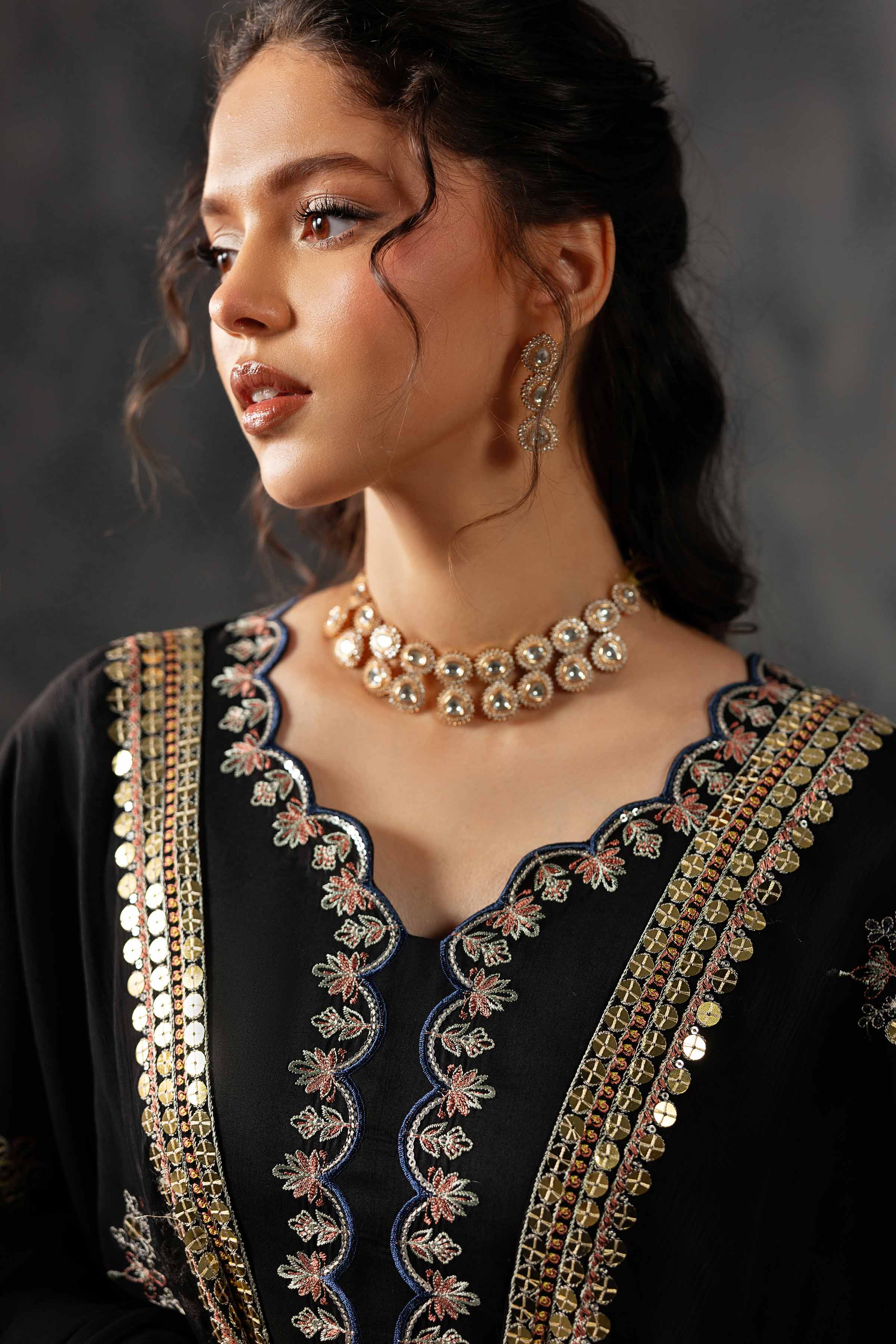 3 Piece - Embroidered Suit - KFE26-35 Black Silk 3PC Embroidered READY TO WEAR