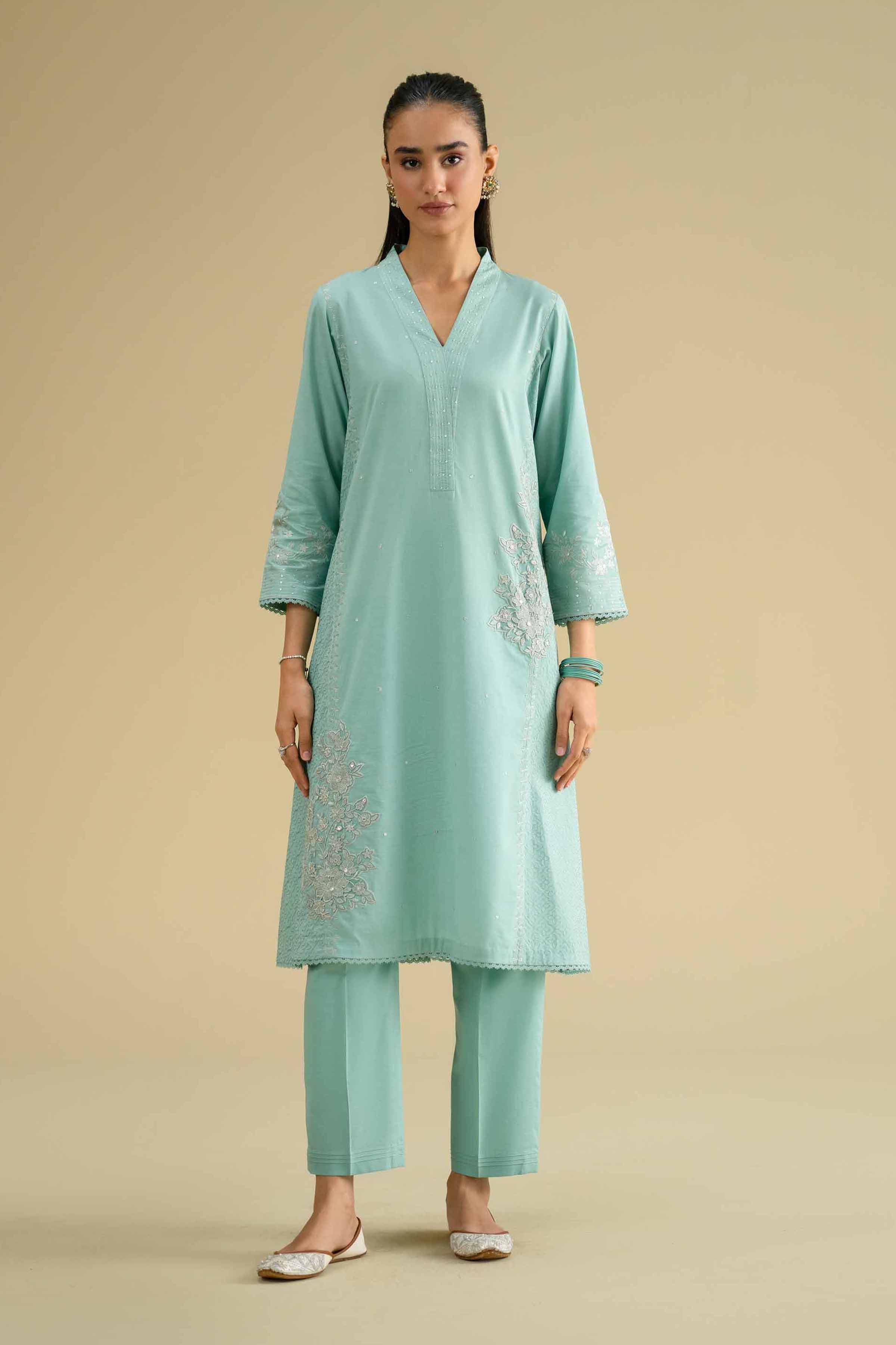 2 Piece - Embroidered Suit - KFE26-43 Blue Cambric 2PC Embroidered LUXURY