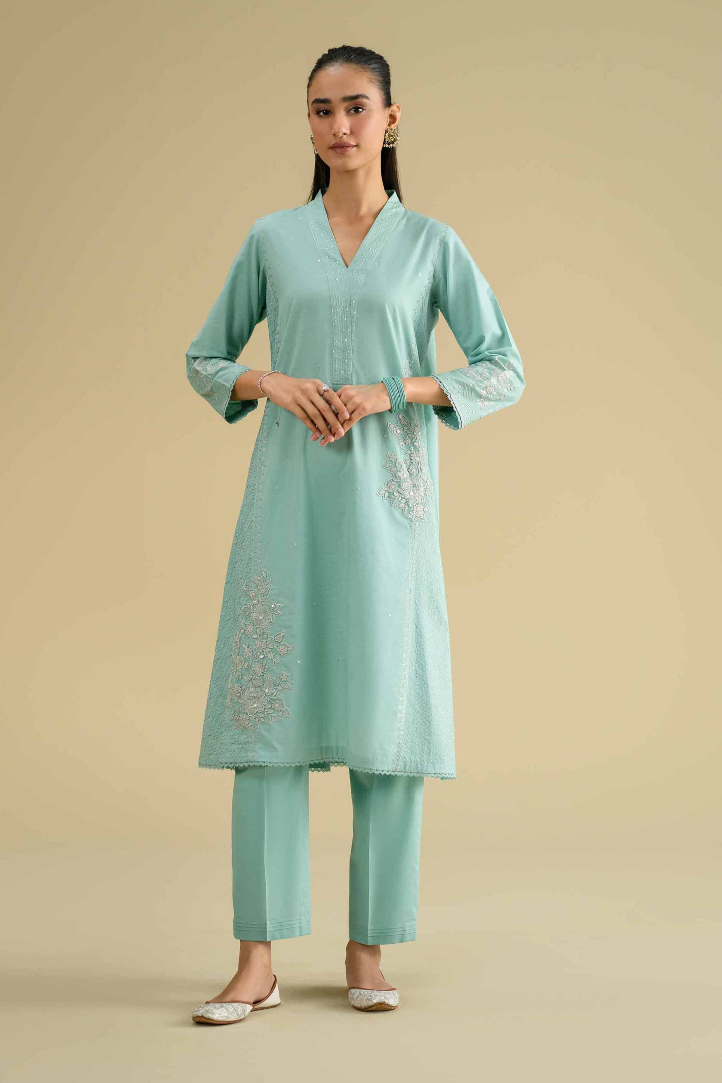 2 Piece - Embroidered Suit - KFE26-43 Blue Cambric 2PC Embroidered LUXURY