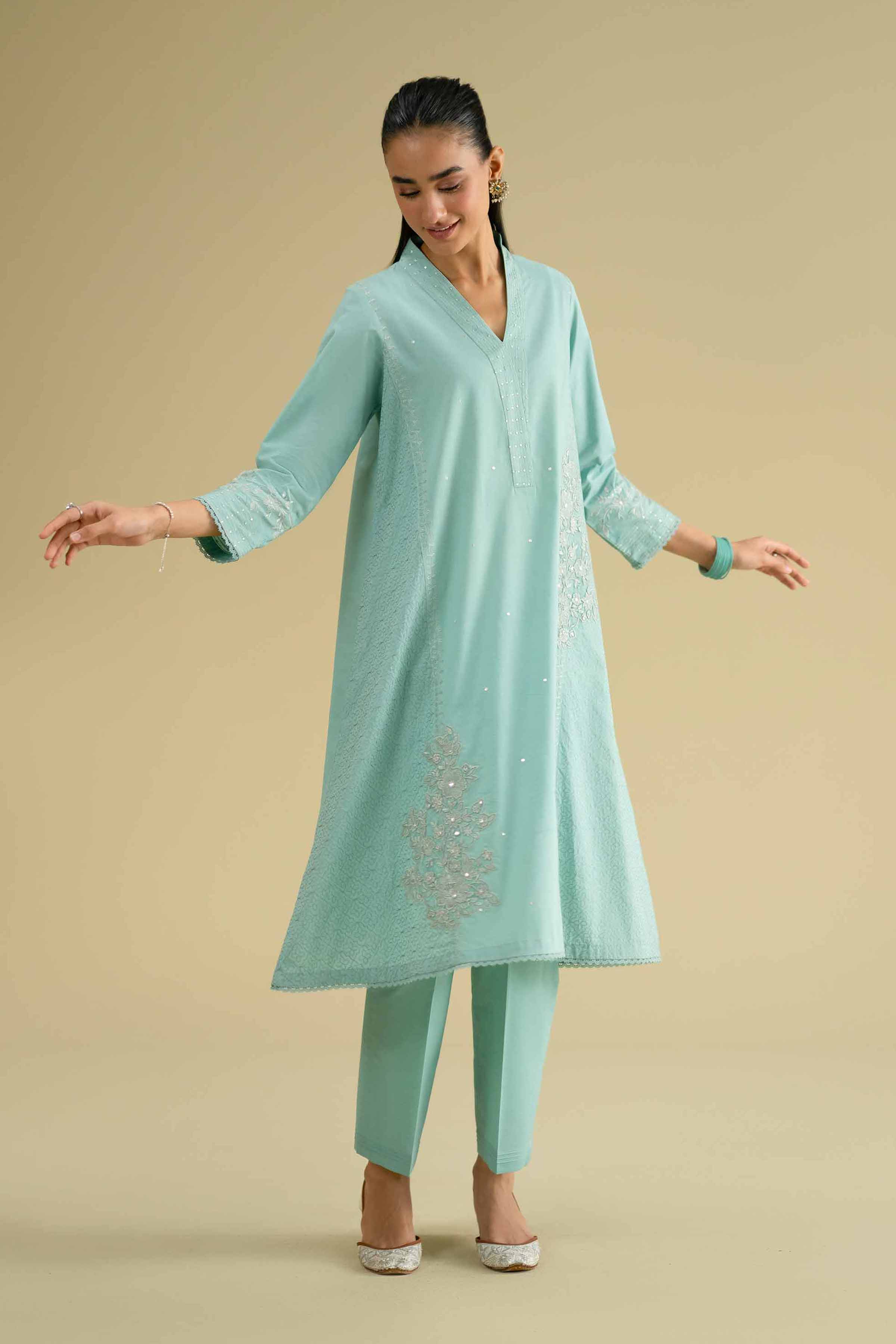 2 Piece - Embroidered Suit - KFE26-43 Blue Cambric 2PC Embroidered LUXURY