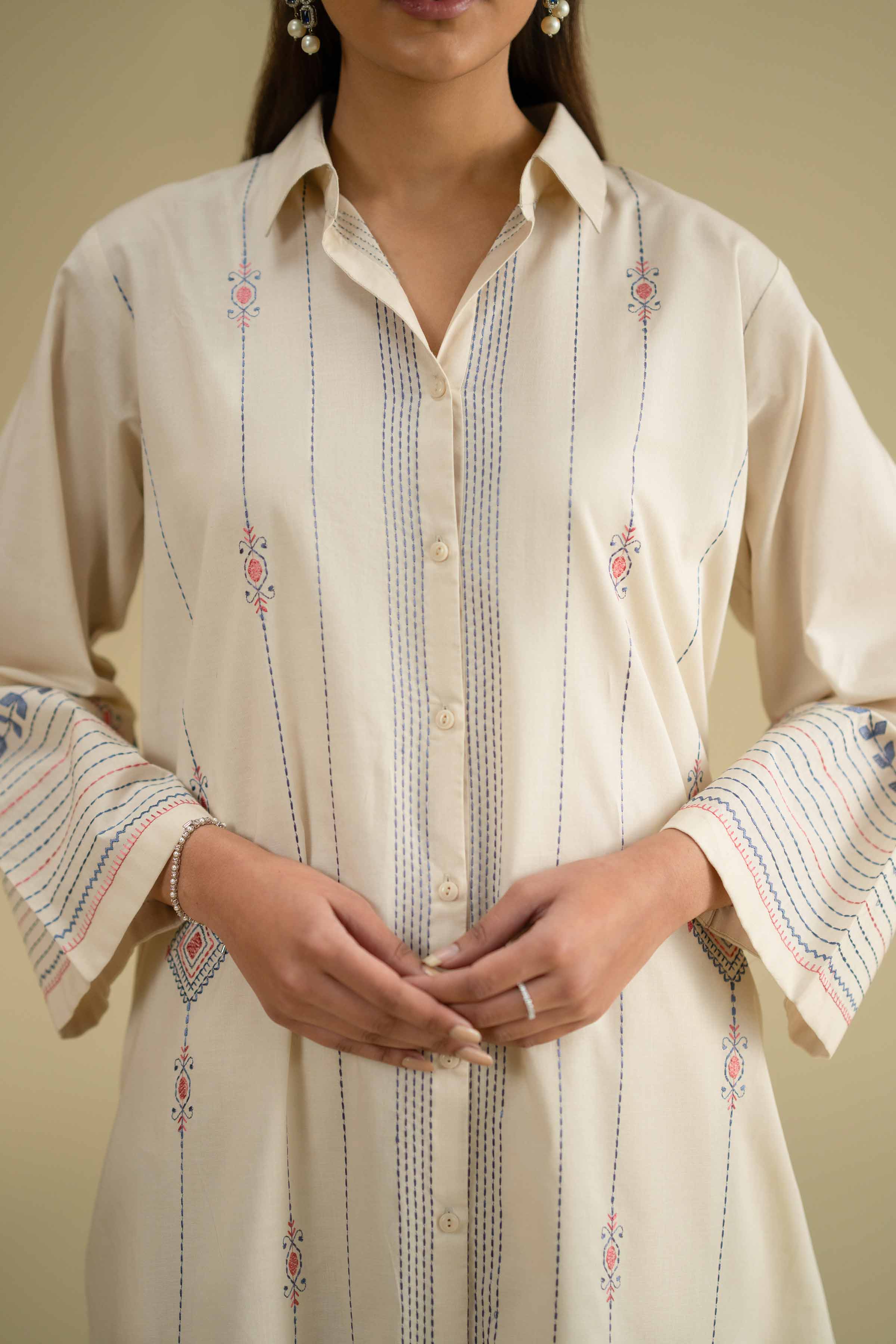 2 Piece - Embroidered Suit - KFE26-51 Beige Cambric 2PC Embroidered LUXURY