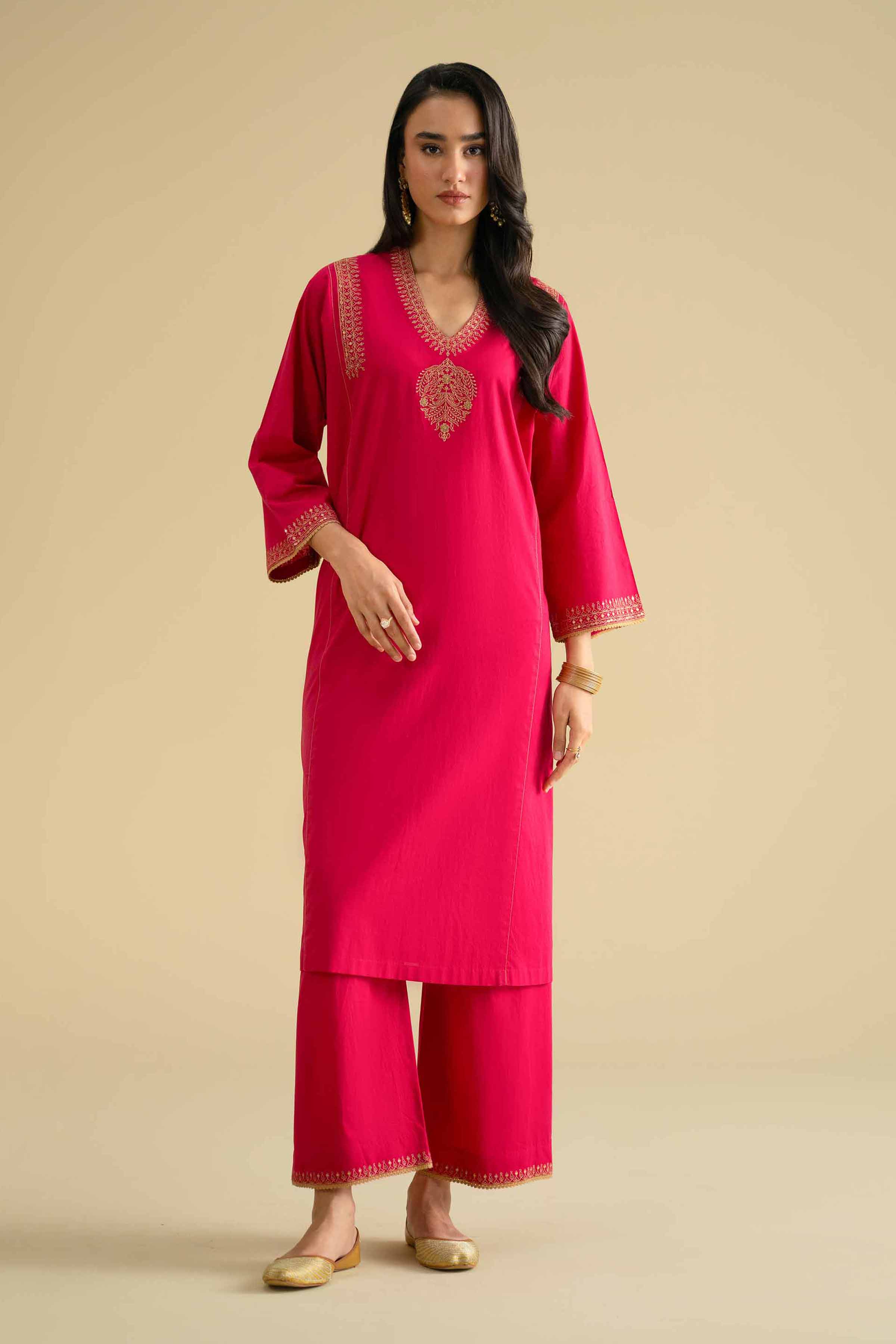 2 Piece - Embroidered Suit - KFE26-53 Pink Cambric 2PC Embroidered LUXURY