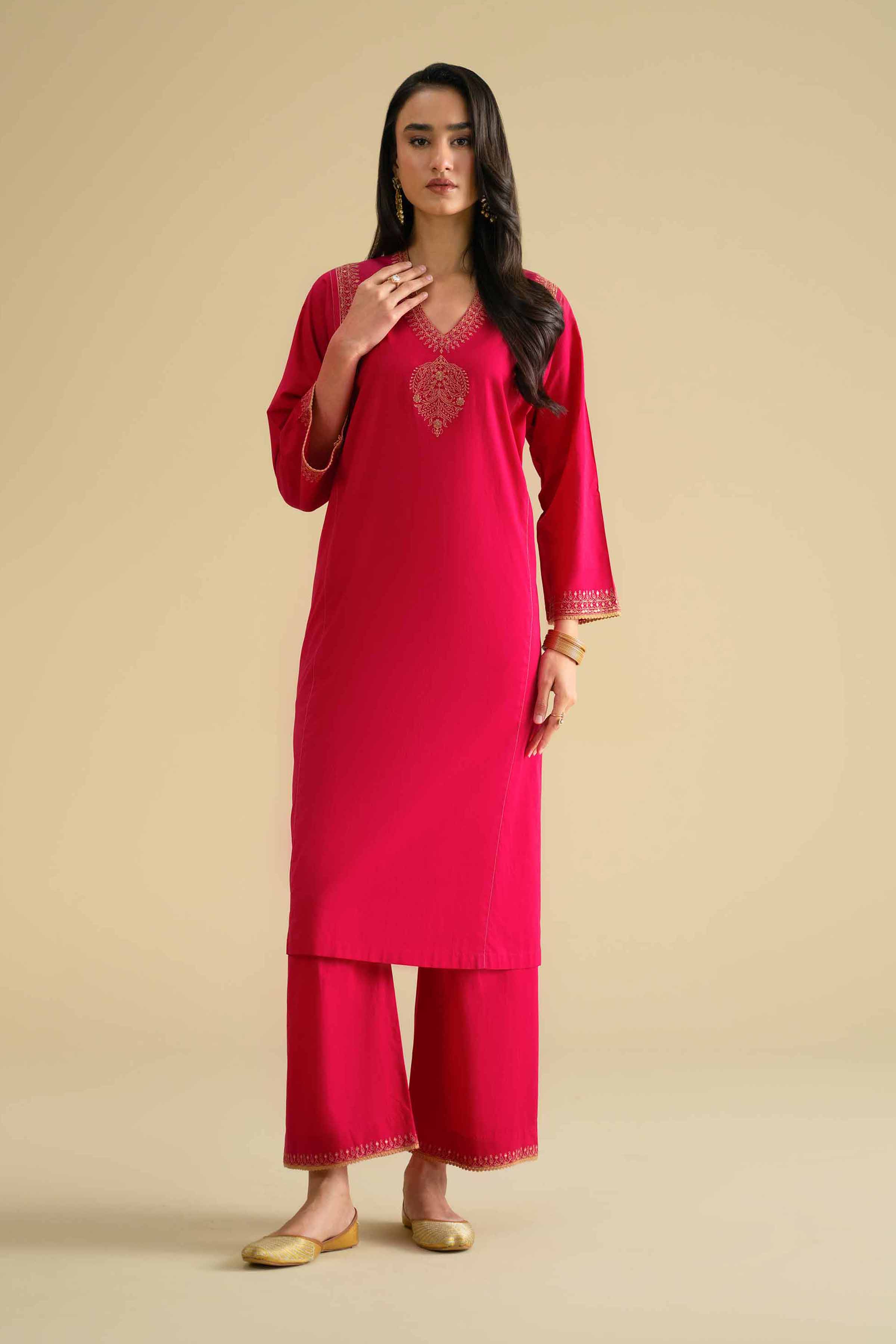 2 Piece - Embroidered Suit - KFE26-53 Pink Cambric 2PC Embroidered LUXURY