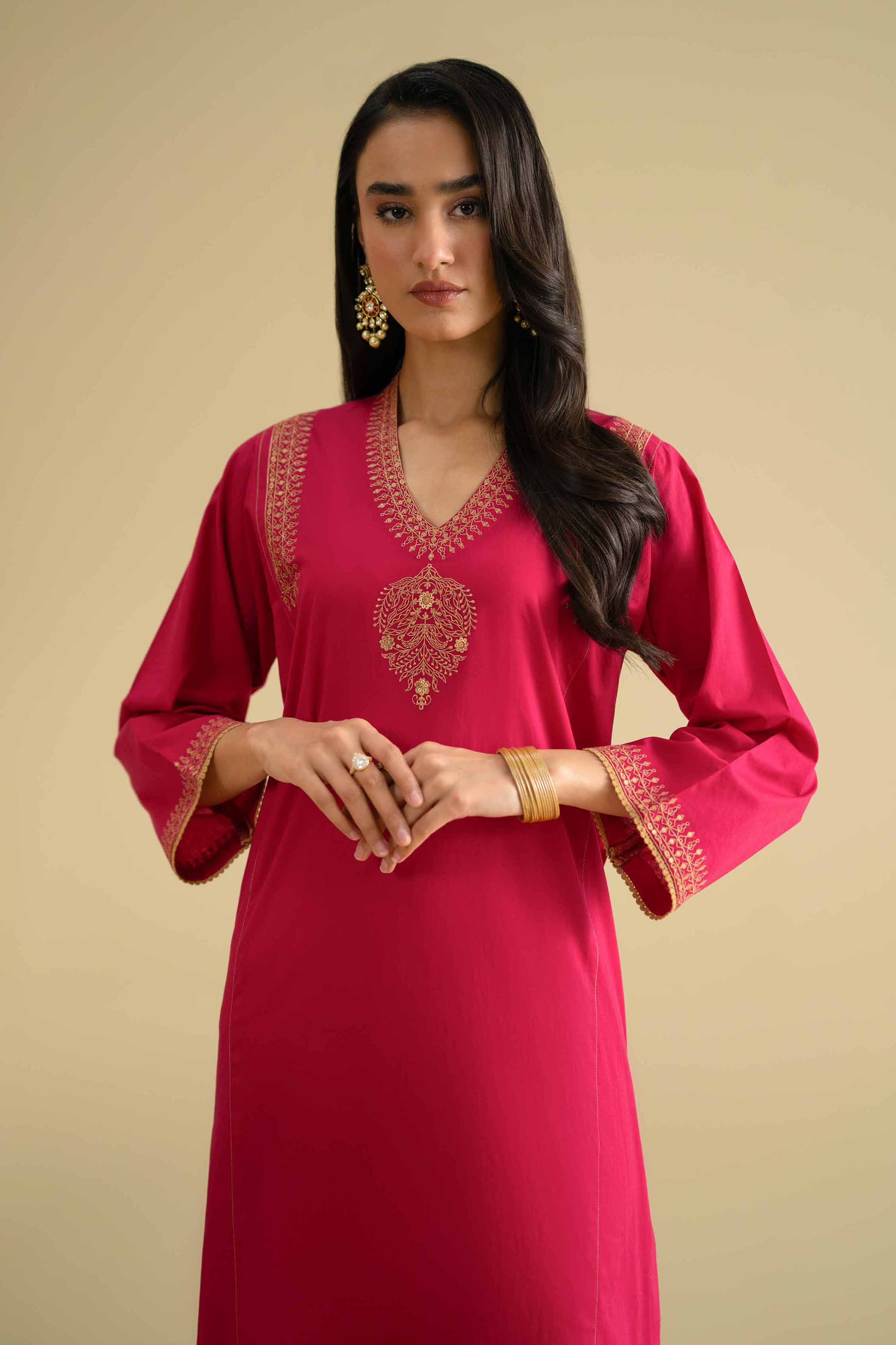 2 Piece - Embroidered Suit - KFE26-53 Pink Cambric 2PC Embroidered LUXURY