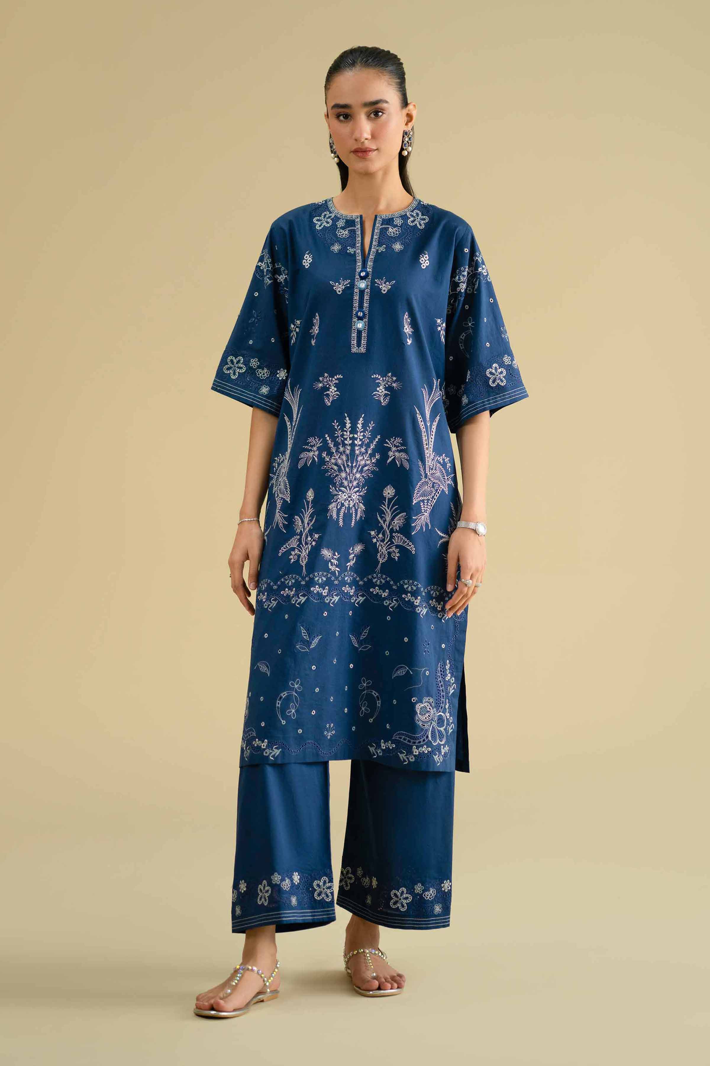 2 Piece - Embroidered Suit - KFE26-54 Blue Cambric 2PC Embroidered LUXURY