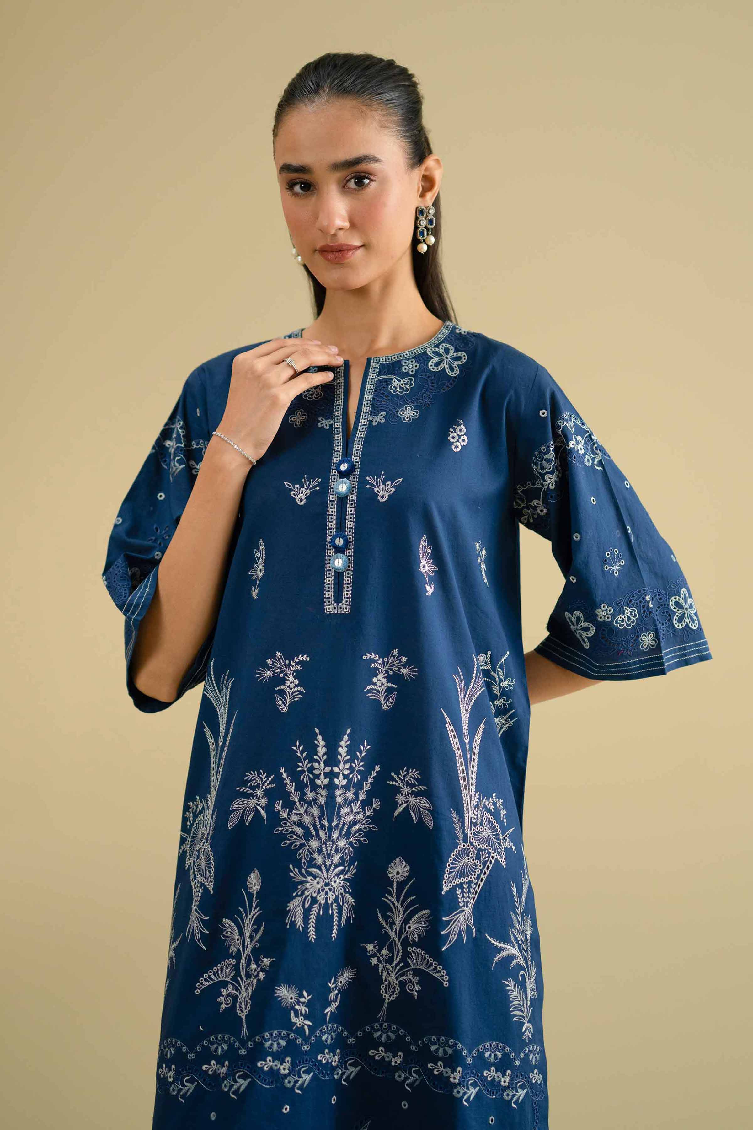 2 Piece - Embroidered Suit - KFE26-54 Blue Cambric 2PC Embroidered LUXURY