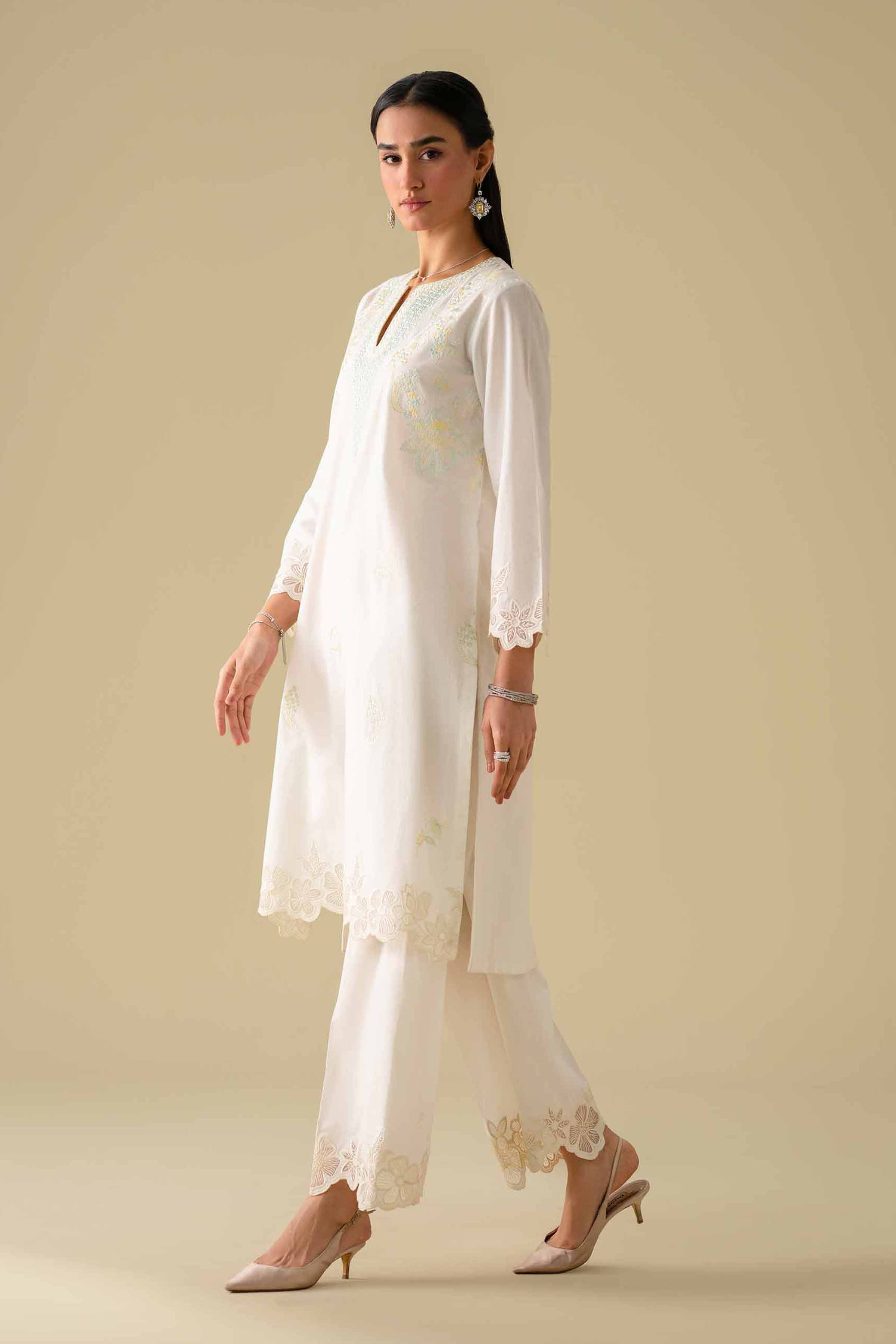 2 Piece - Embroidered Suit - KFE26-56 White Cambric 2PC Embroidered LUXURY
