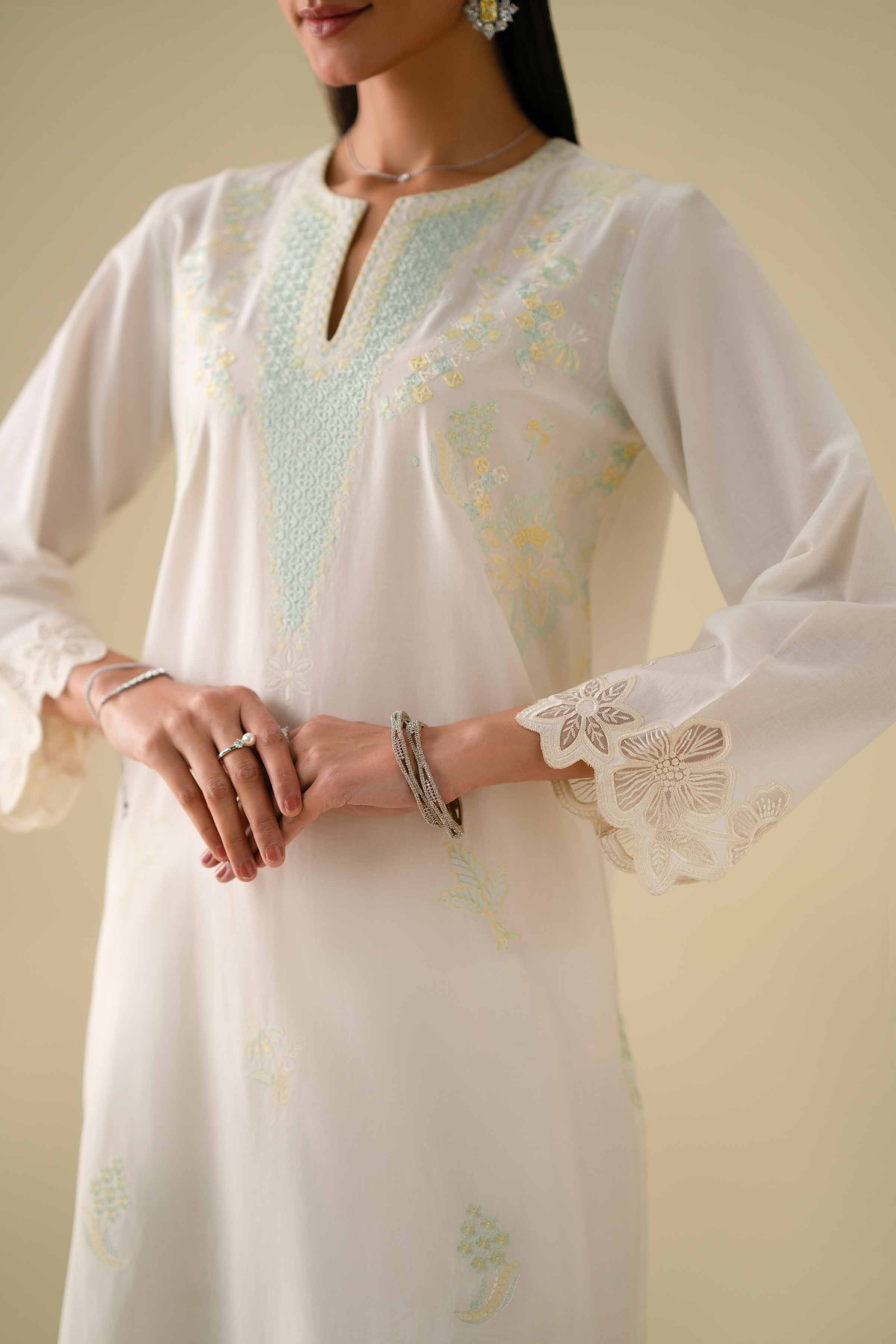 2 Piece - Embroidered Suit - KFE26-56 White Cambric 2PC Embroidered LUXURY