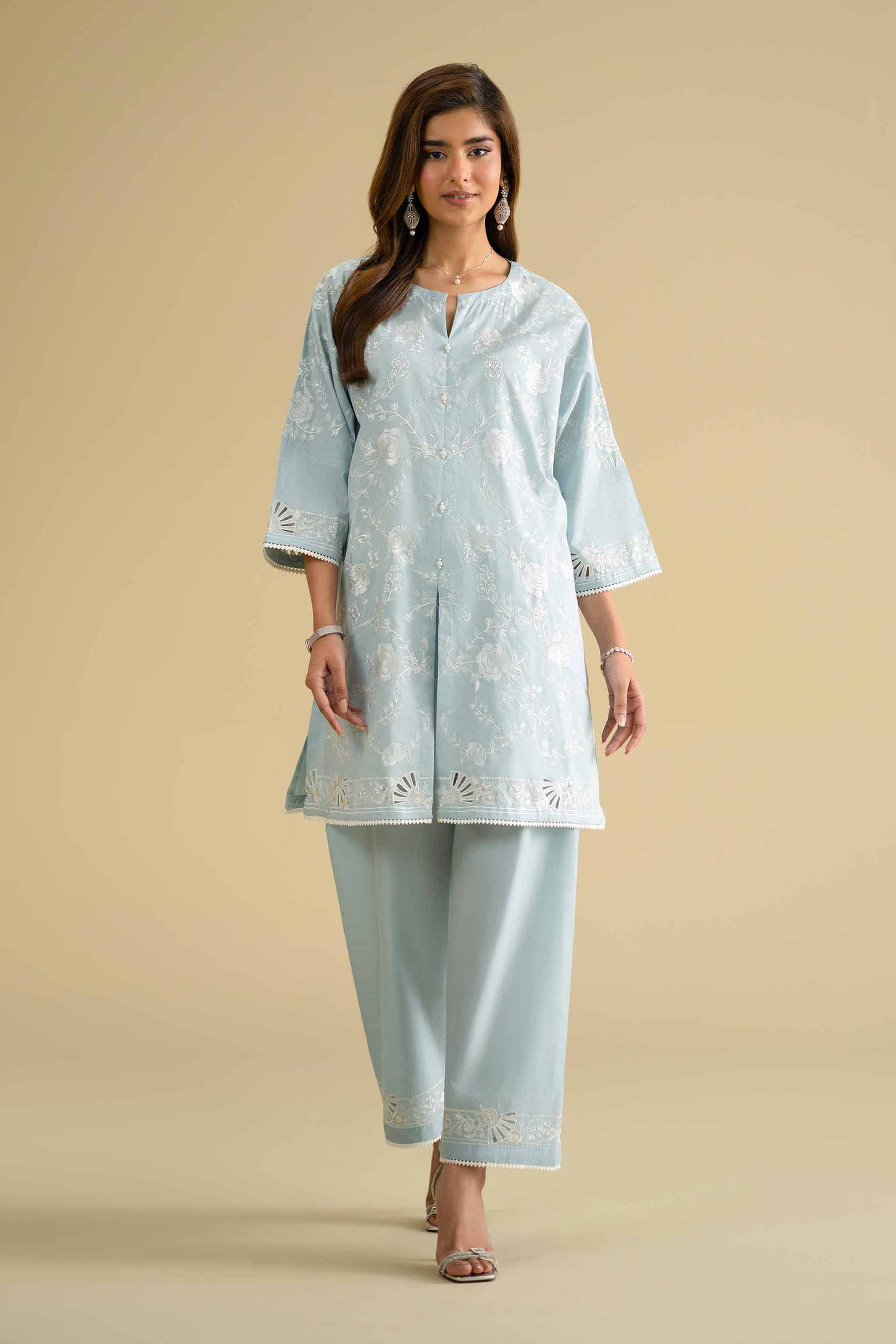 2 Piece - Embroidered Suit - KFE26-57 Blue Cambric 2PC Embroidered LUXURY