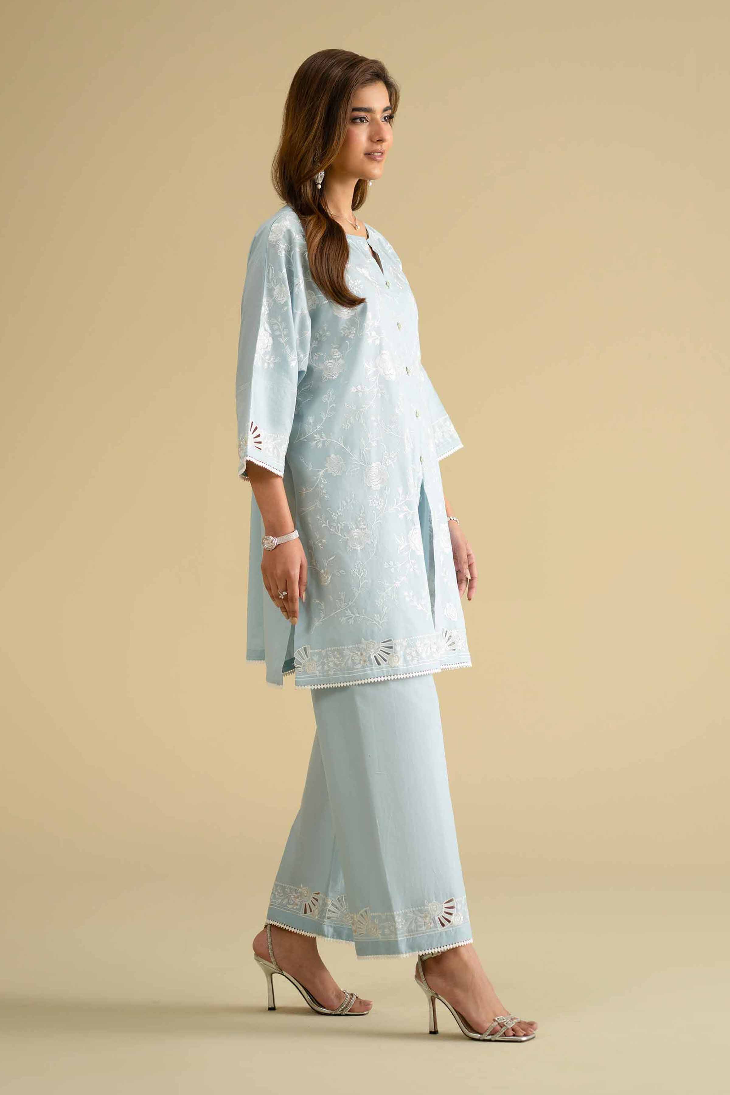 2 Piece - Embroidered Suit - KFE26-57 Blue Cambric 2PC Embroidered LUXURY