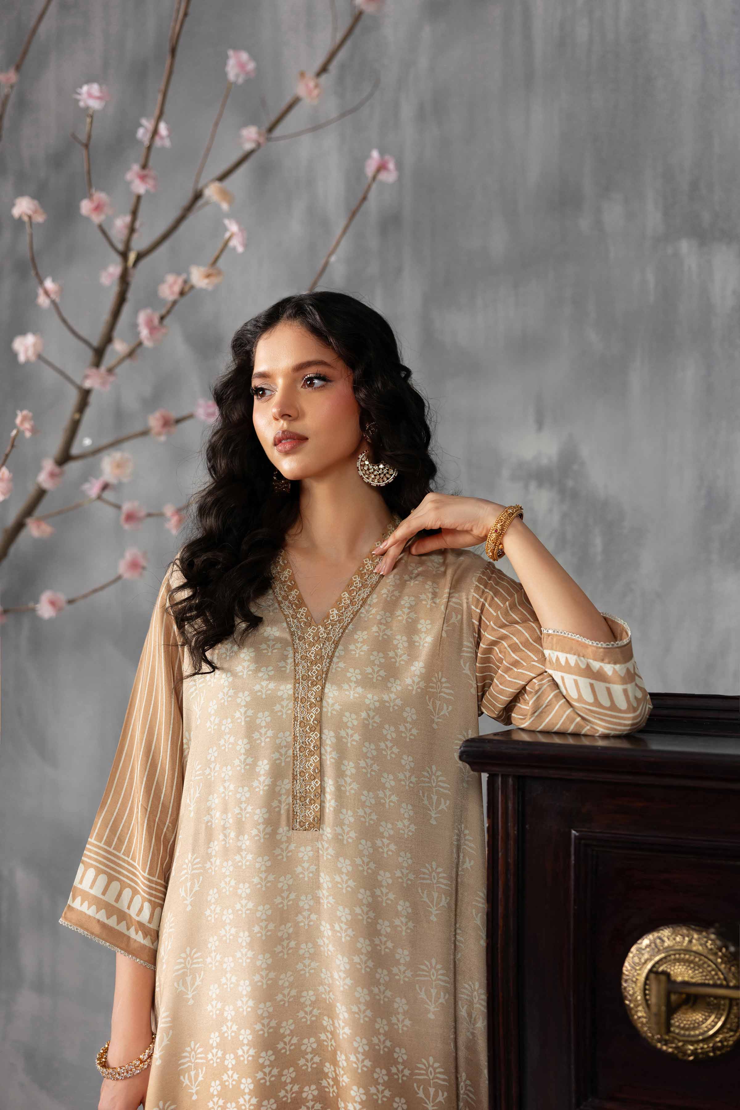 2 Piece - Printed Embroidered Suit - KFE26-62 Brown Silk 2PC Embroidered READY TO WEAR