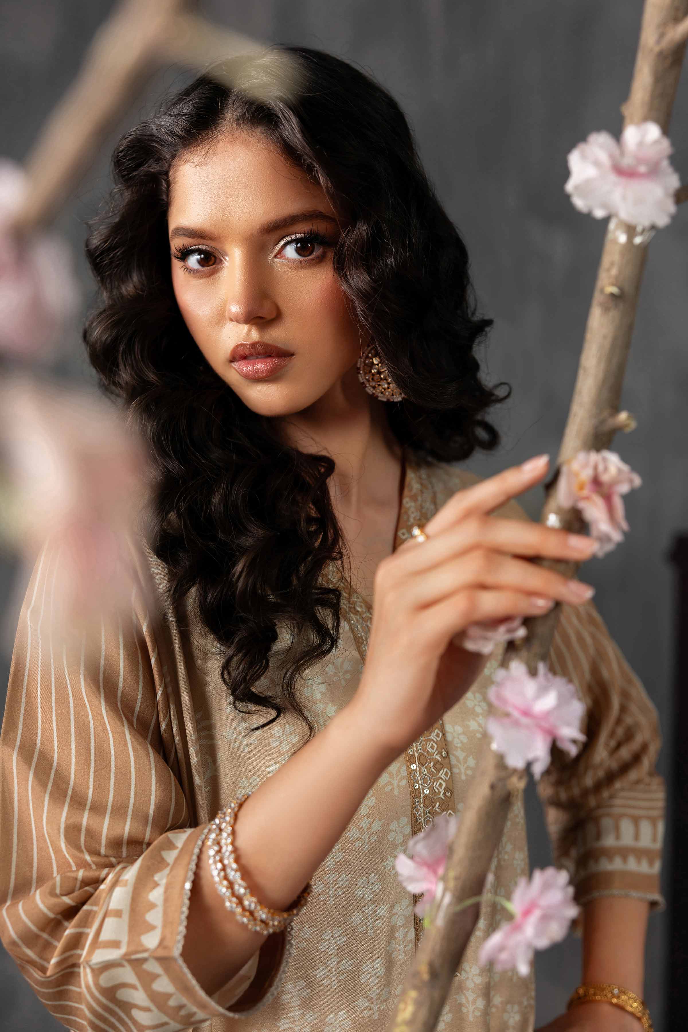 2 Piece - Printed Embroidered Suit - KFE26-62 Brown Silk 2PC Embroidered READY TO WEAR