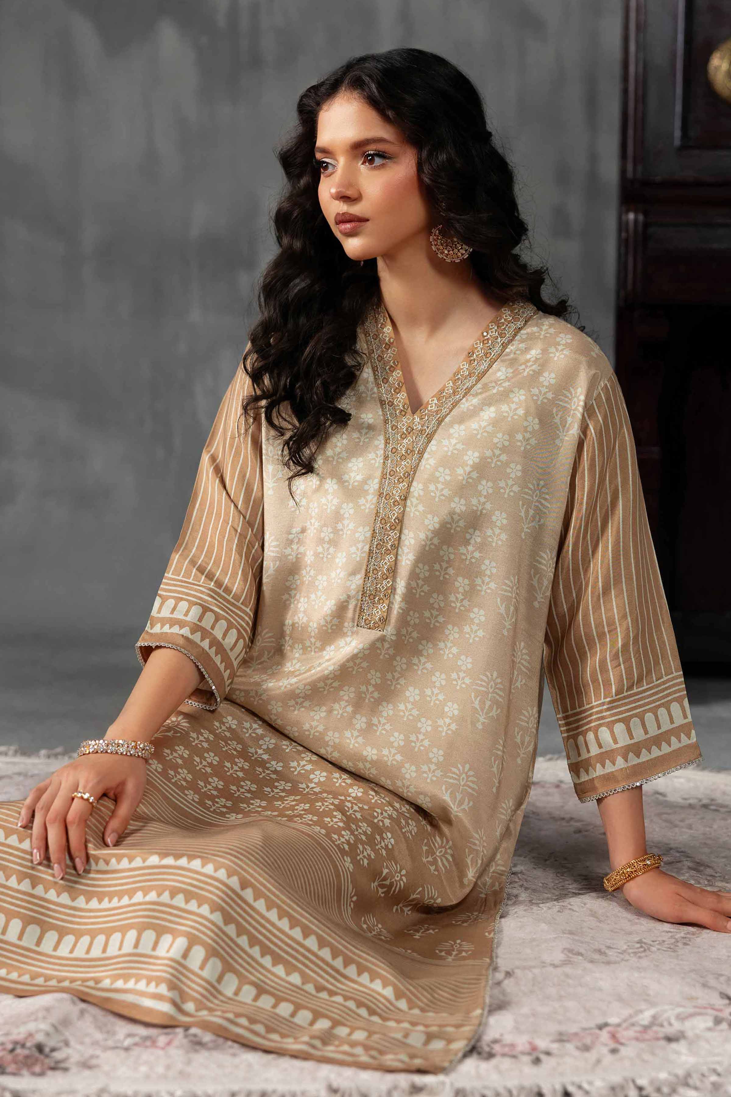 2 Piece - Printed Embroidered Suit - KFE26-62 Brown Silk 2PC Embroidered READY TO WEAR