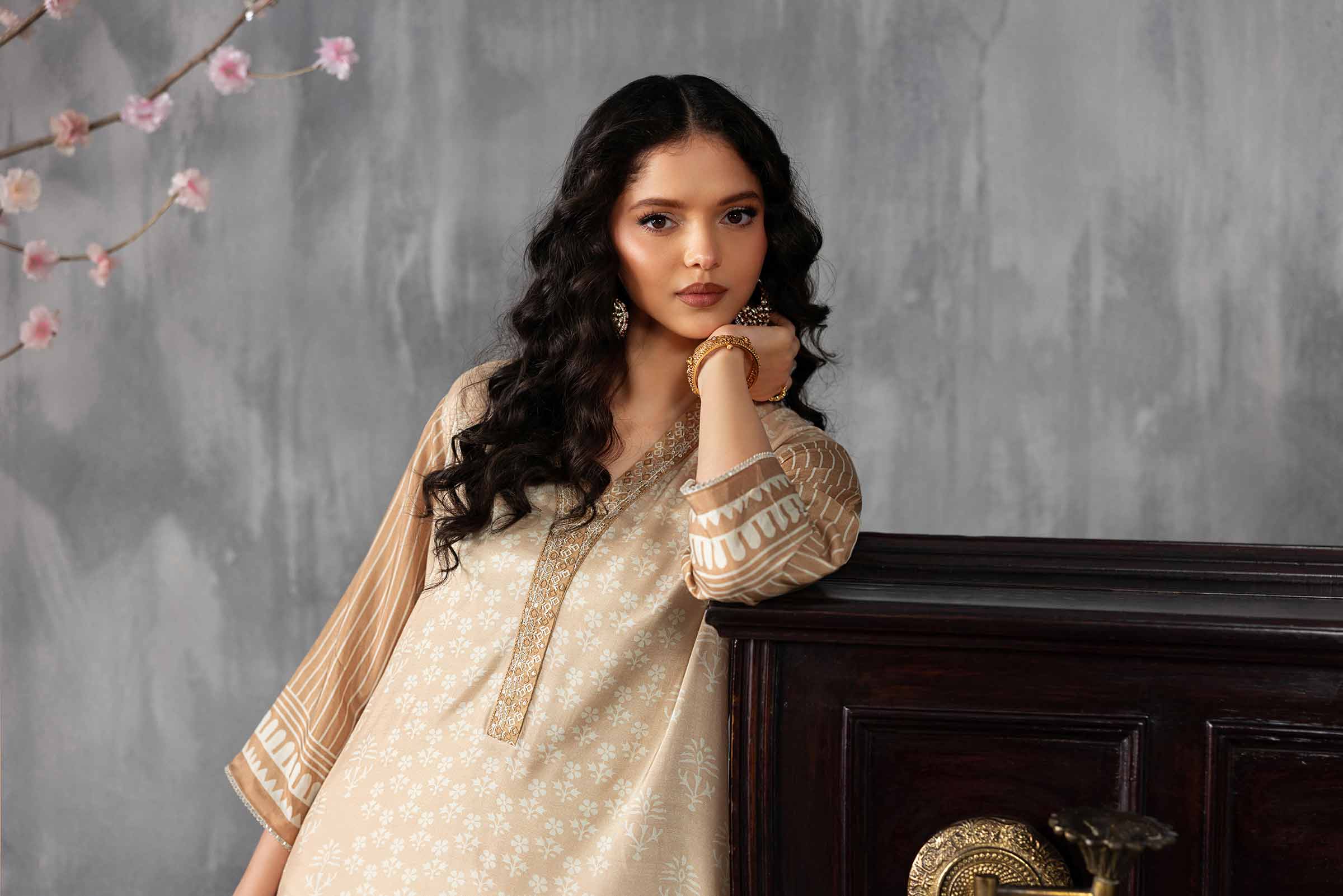 2 Piece - Printed Embroidered Suit - KFE26-62 Brown Silk 2PC Embroidered READY TO WEAR