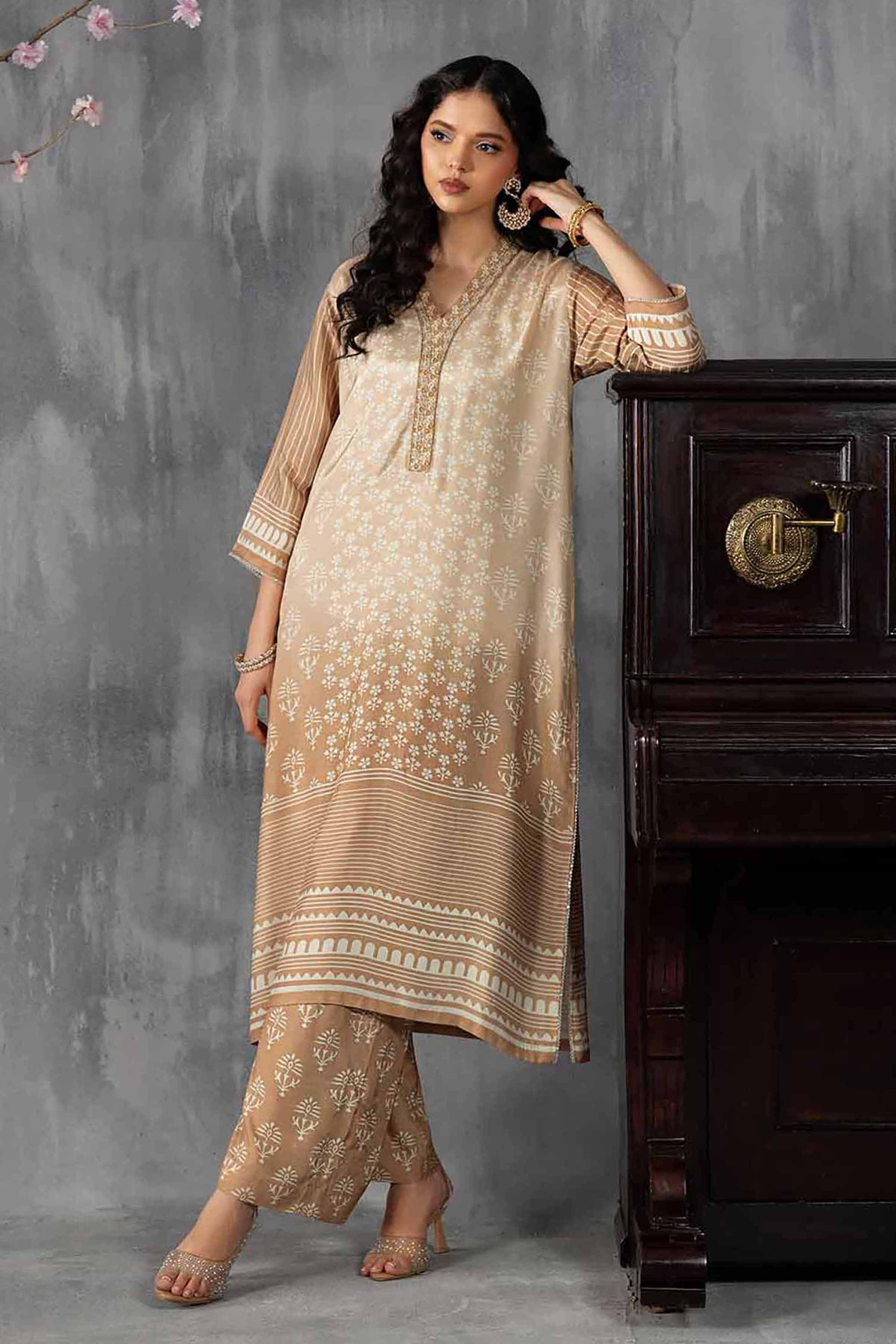 2 Piece - Printed Embroidered Suit - KFE26-62 Brown Silk 2PC Embroidered READY TO WEAR