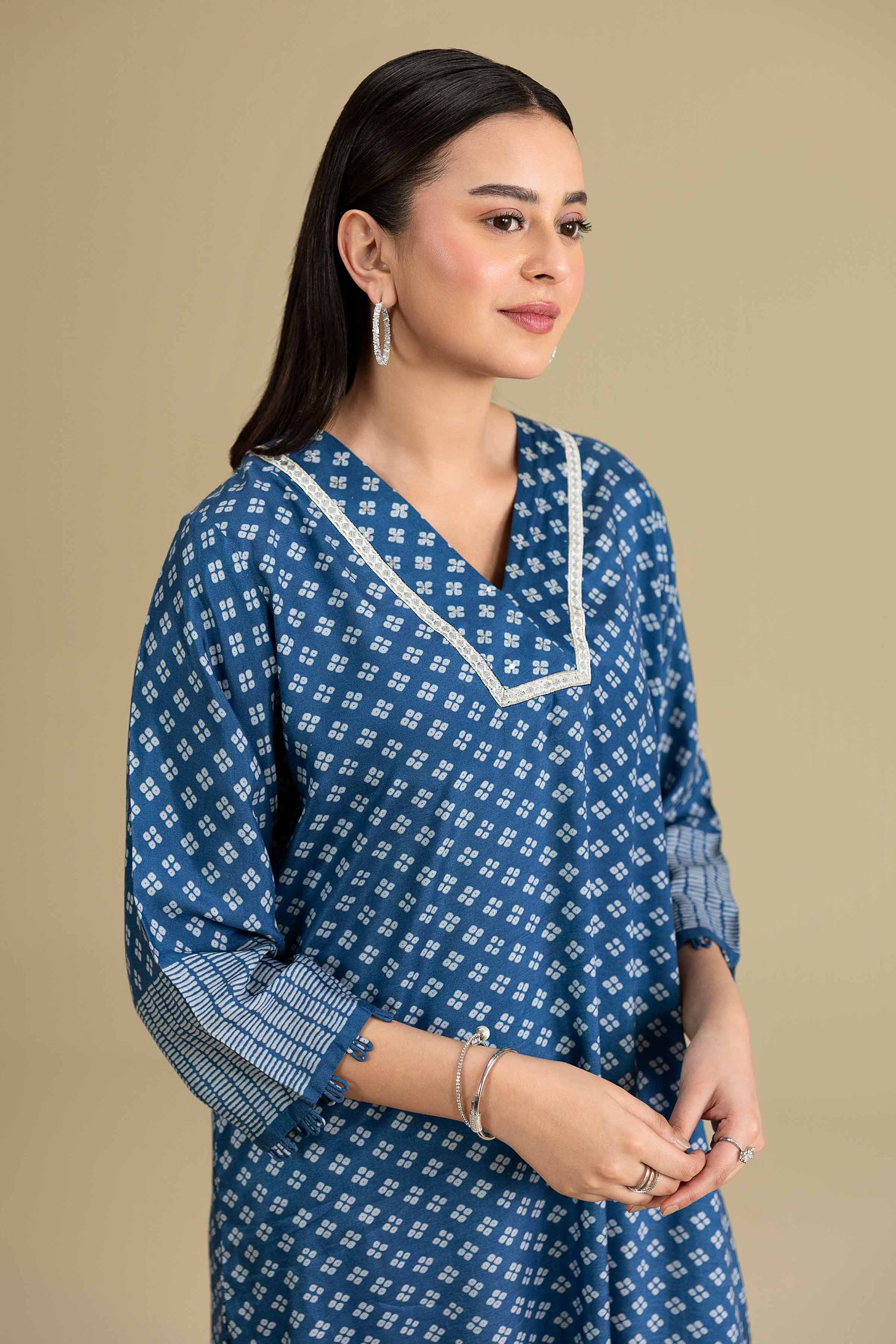 2 Piece - Printed Suit - KFE26-65 Blue Silk 2PC Printed READY TO WEAR