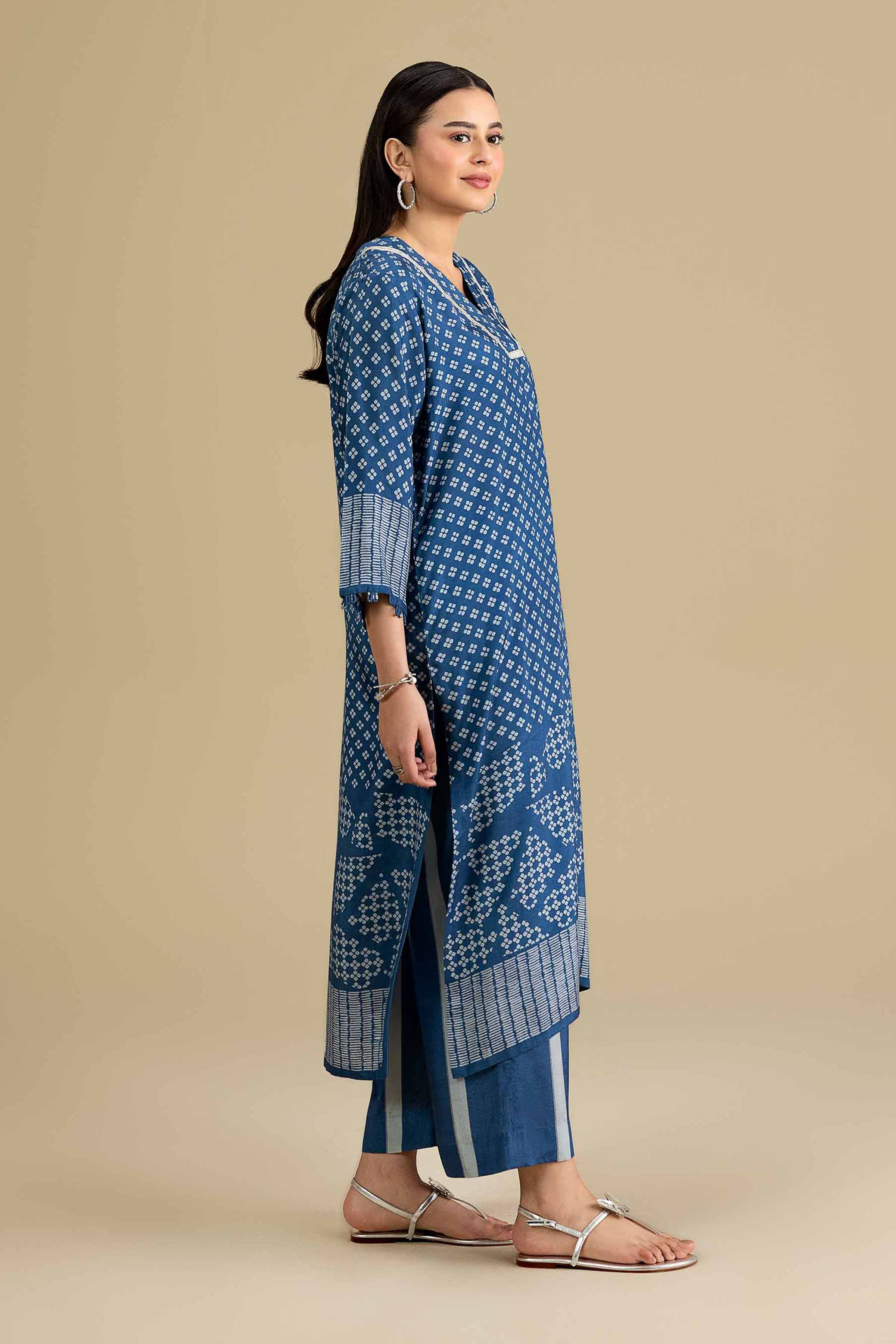 2 Piece - Printed Suit - KFE26-65 Blue Silk 2PC Printed READY TO WEAR