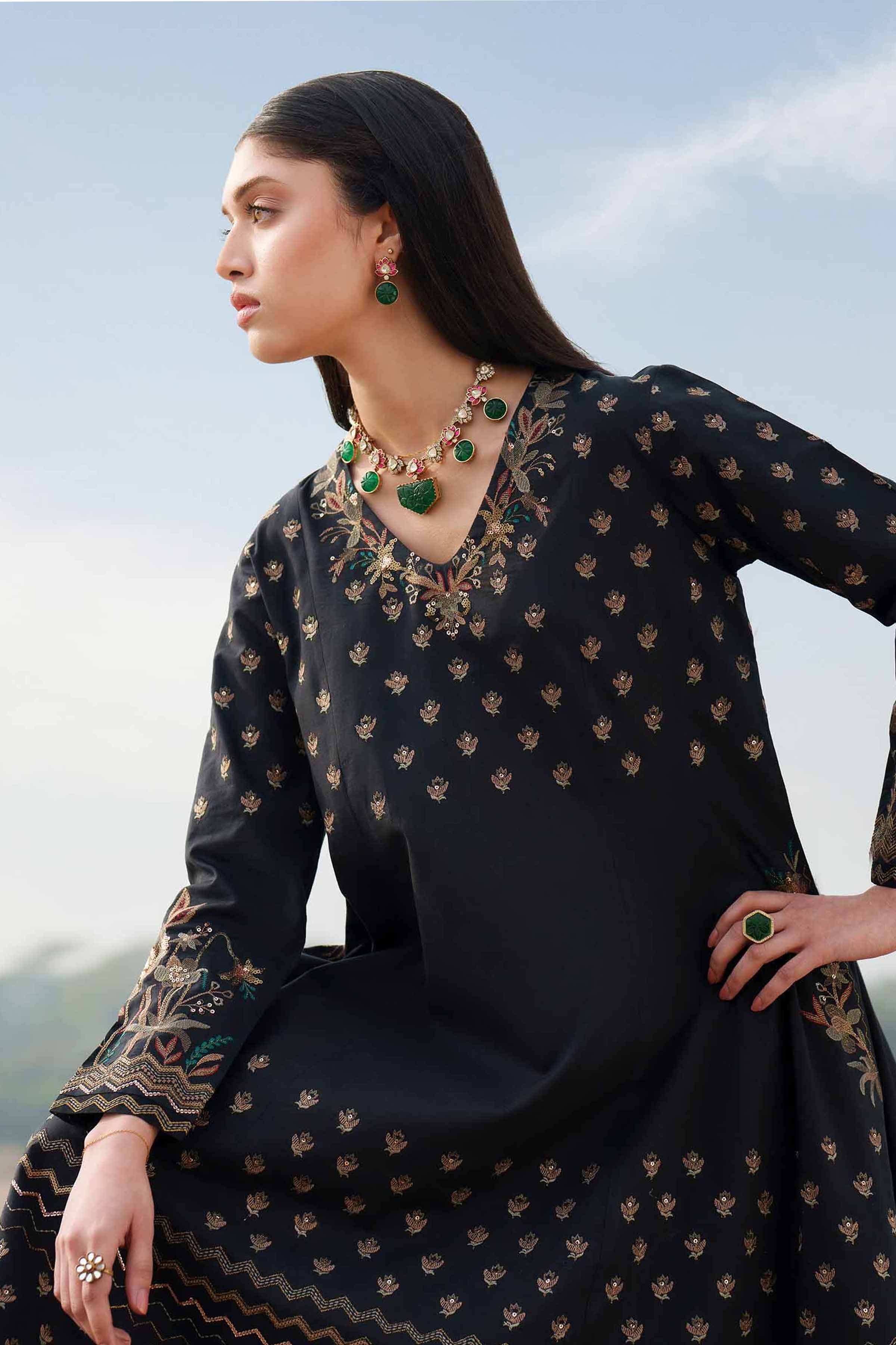 2 Piece - Embroidered Suit - KFE26-67 Black Cambric 2PC Embroidered READY TO WEAR - LUXURY