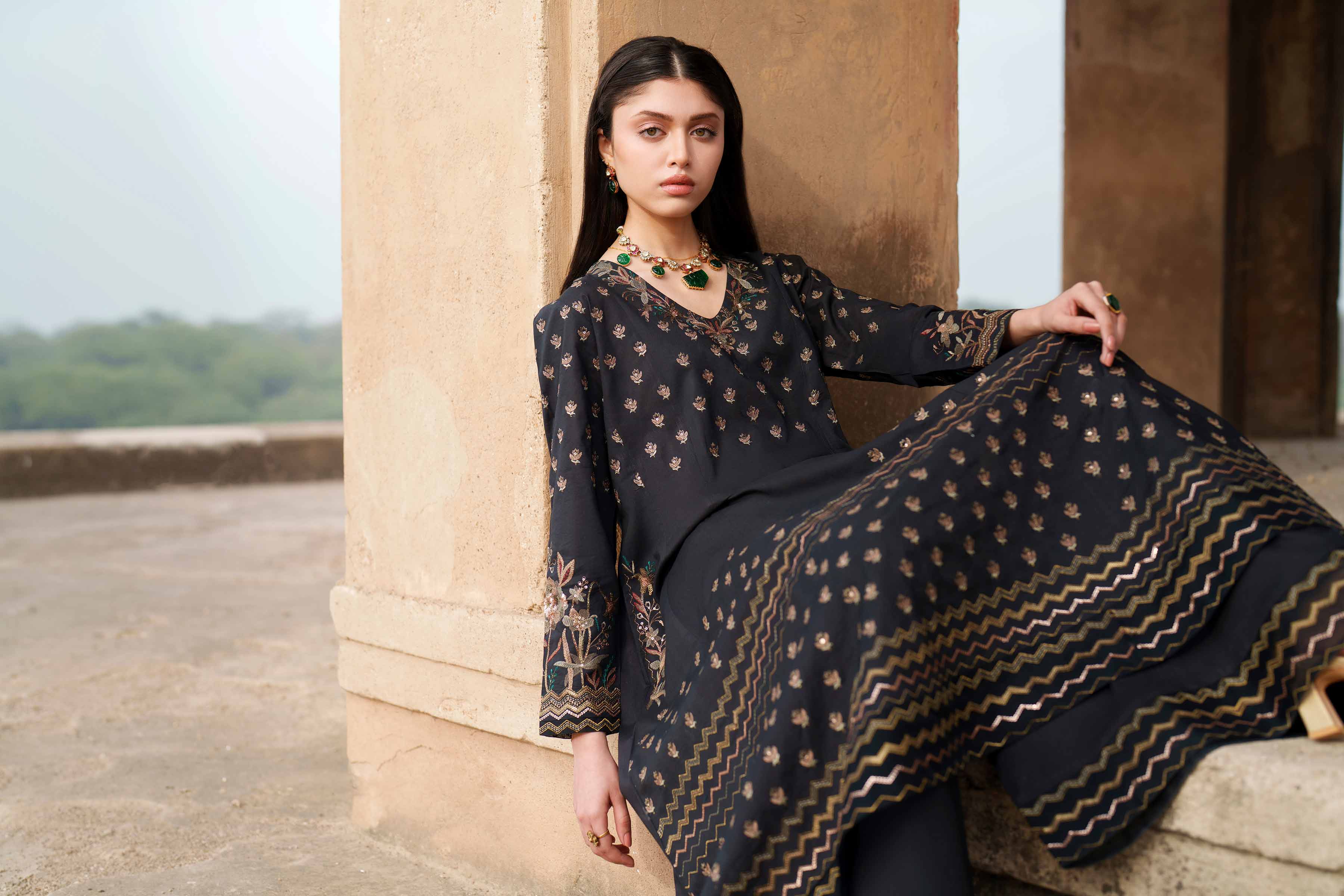 2 Piece - Embroidered Suit - KFE26-67 Black Cambric 2PC Embroidered READY TO WEAR - LUXURY