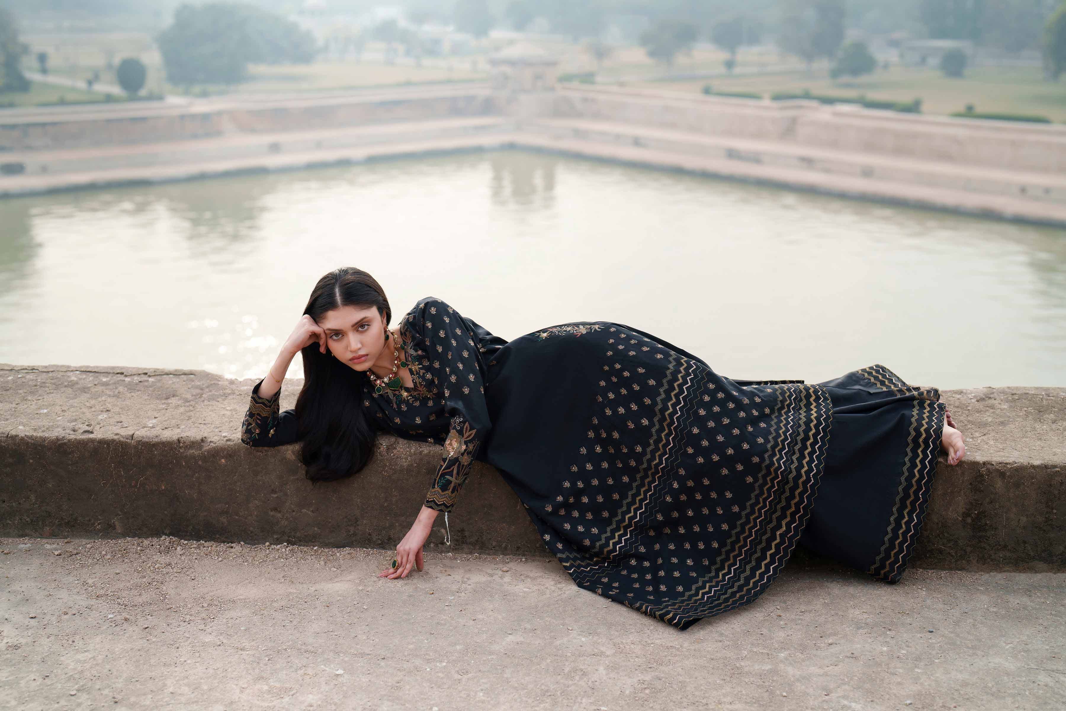 2 Piece - Embroidered Suit - KFE26-67 Black Cambric 2PC Embroidered READY TO WEAR - LUXURY