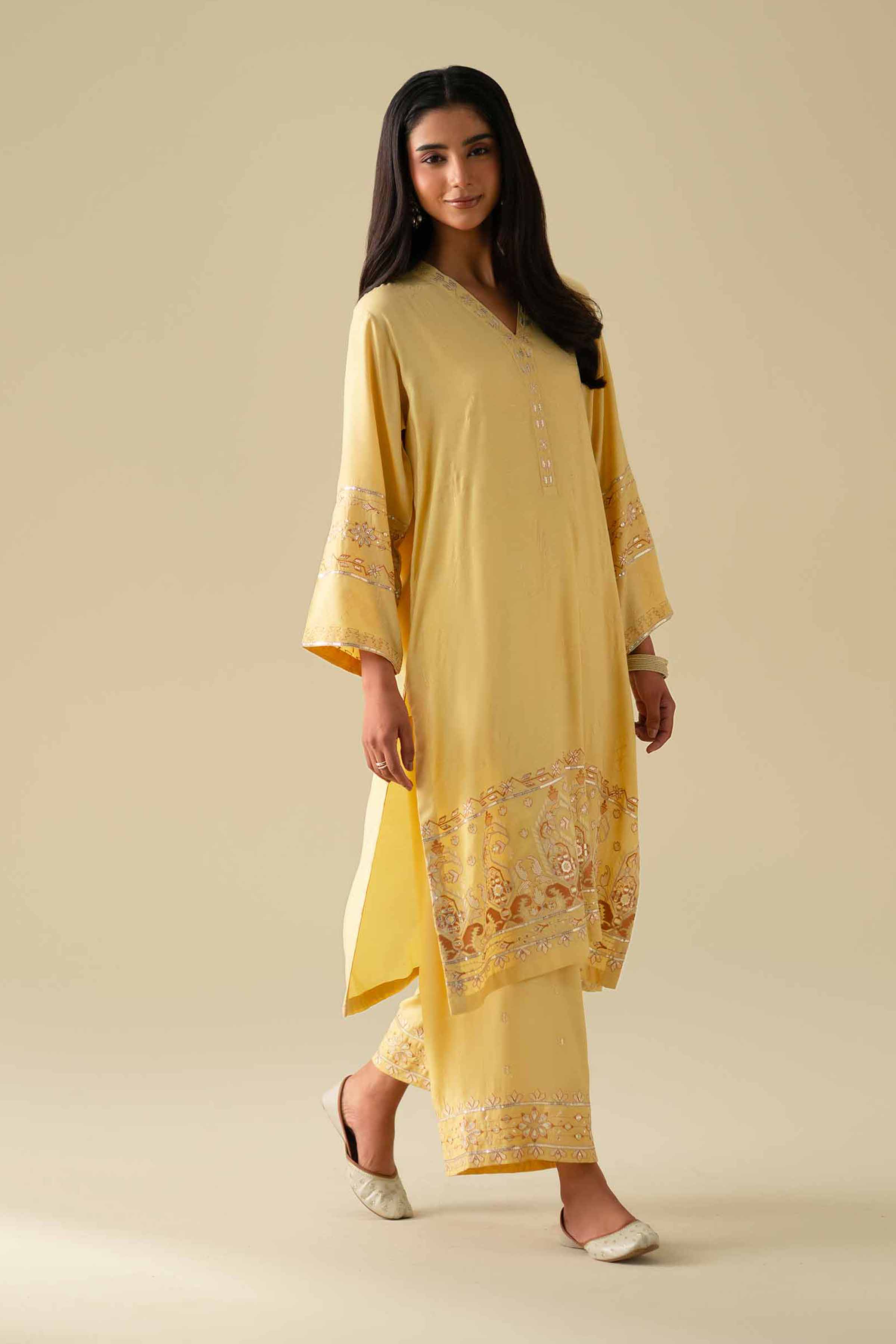 2 Piece - Embroidered Suit - KFE26-68 Yellow Silk 2PC Embroidered LUXURY