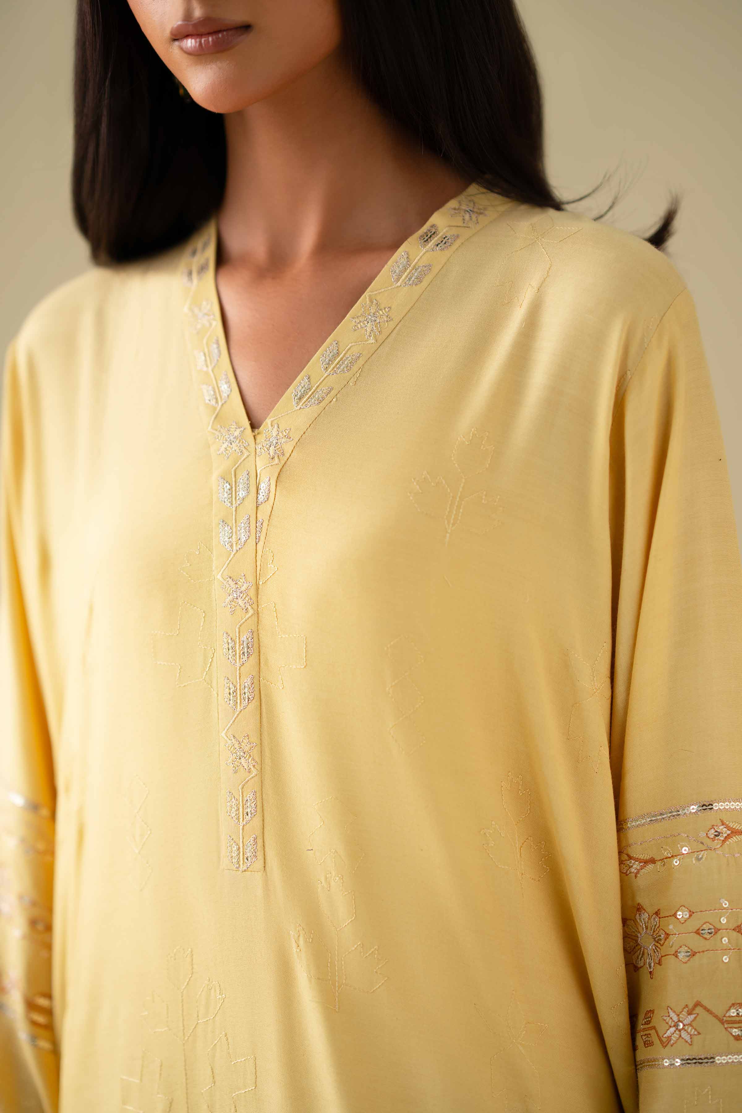 2 Piece - Embroidered Suit - KFE26-68 Yellow Silk 2PC Embroidered LUXURY