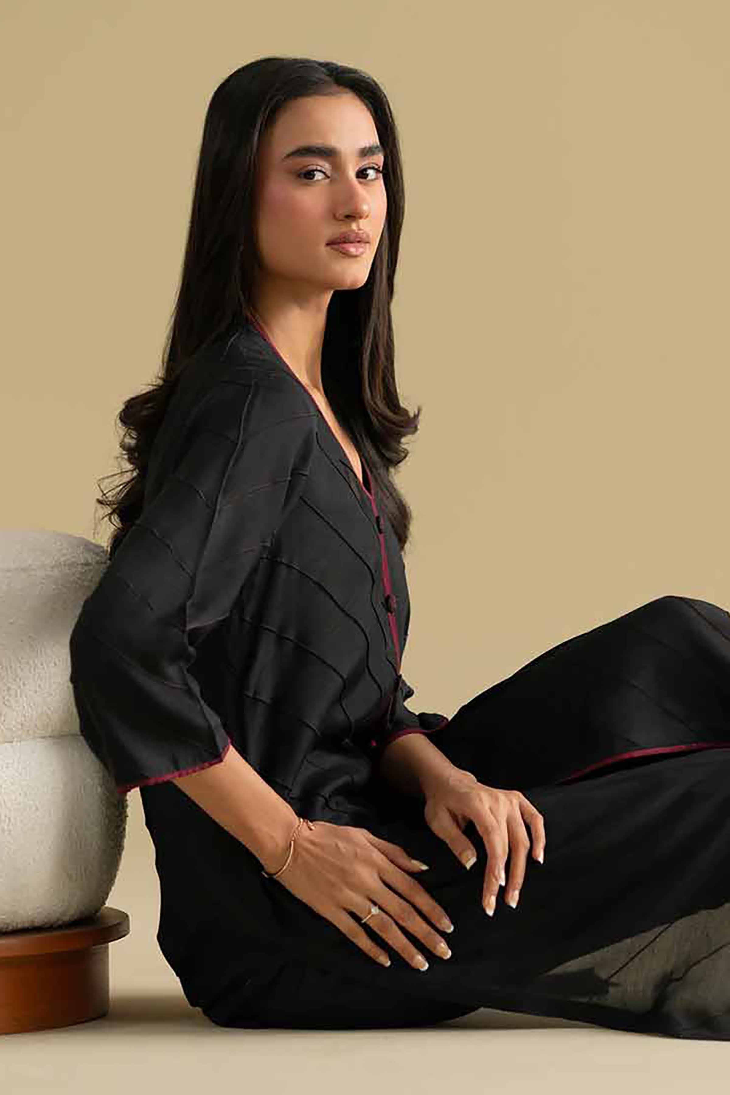 2 Piece - Embroidered Suit - KFE26-70 Black Silk 2PC Embroidered