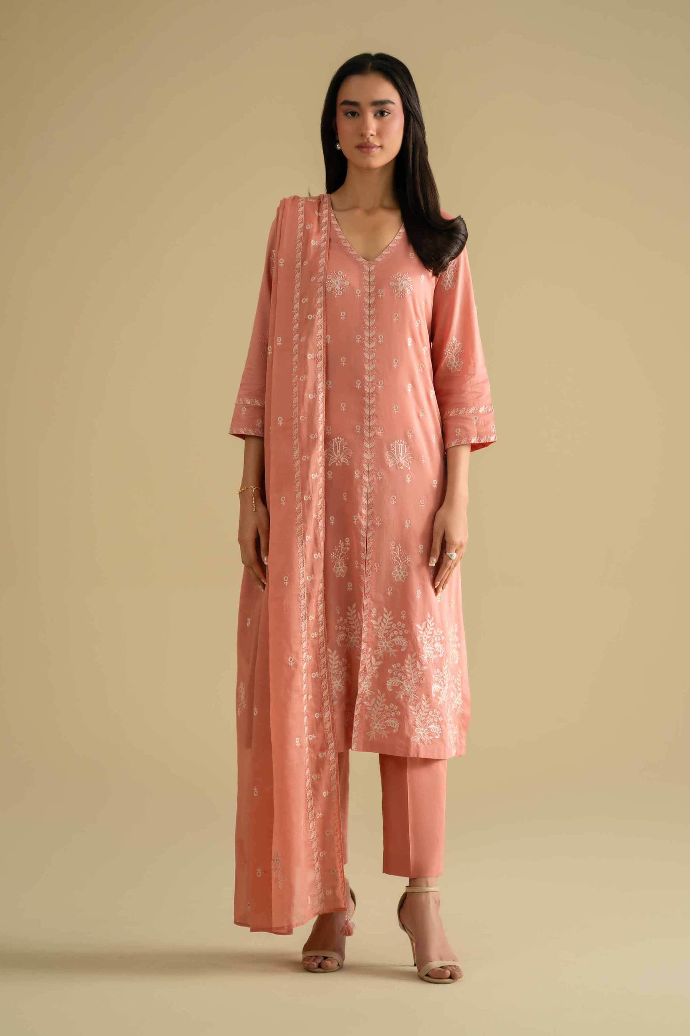 3 Piece - Embroidered Suit - KFE26-75 Peach Cambric 3PC Embroidered