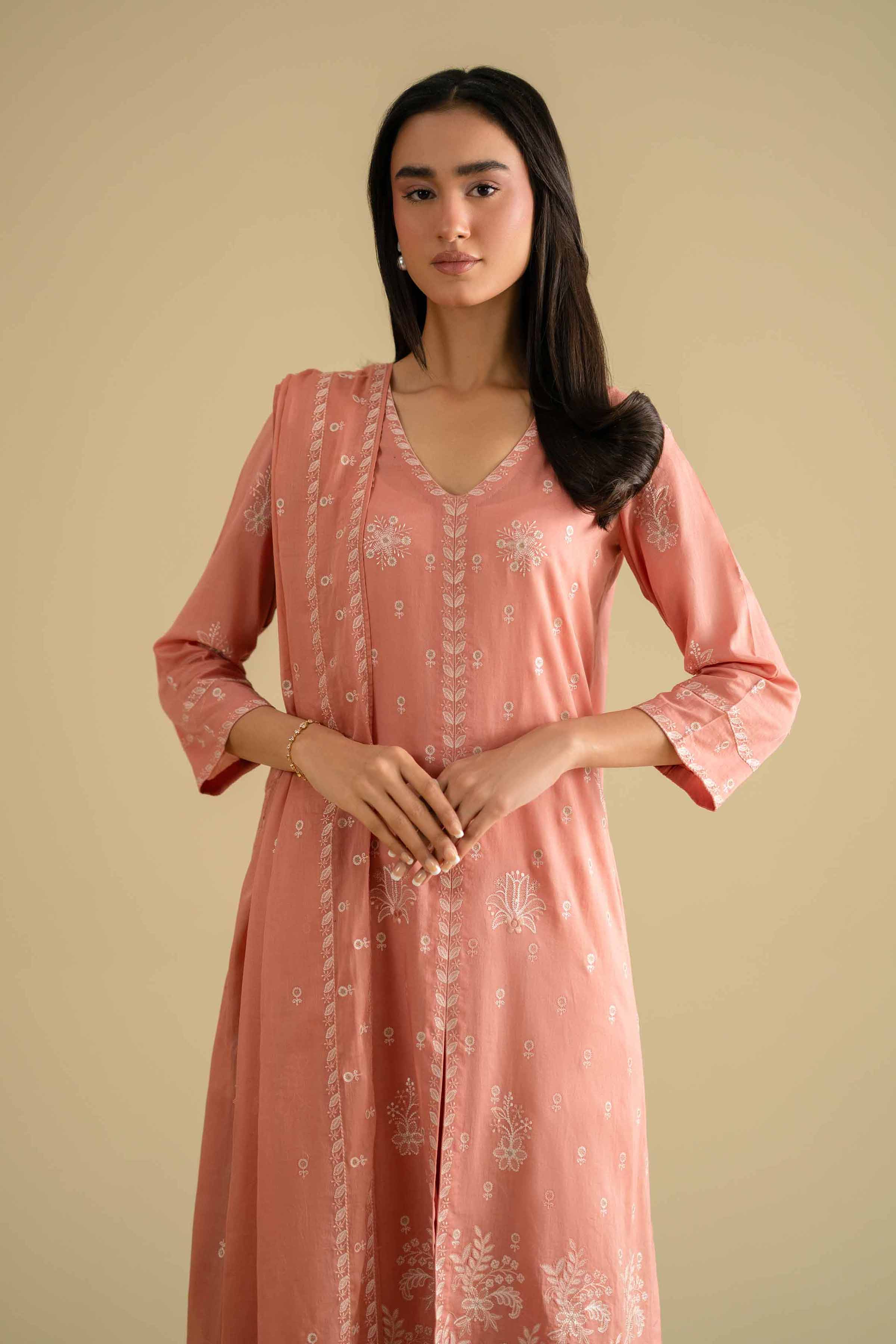3 Piece - Embroidered Suit - KFE26-75 Peach Cambric 3PC Embroidered