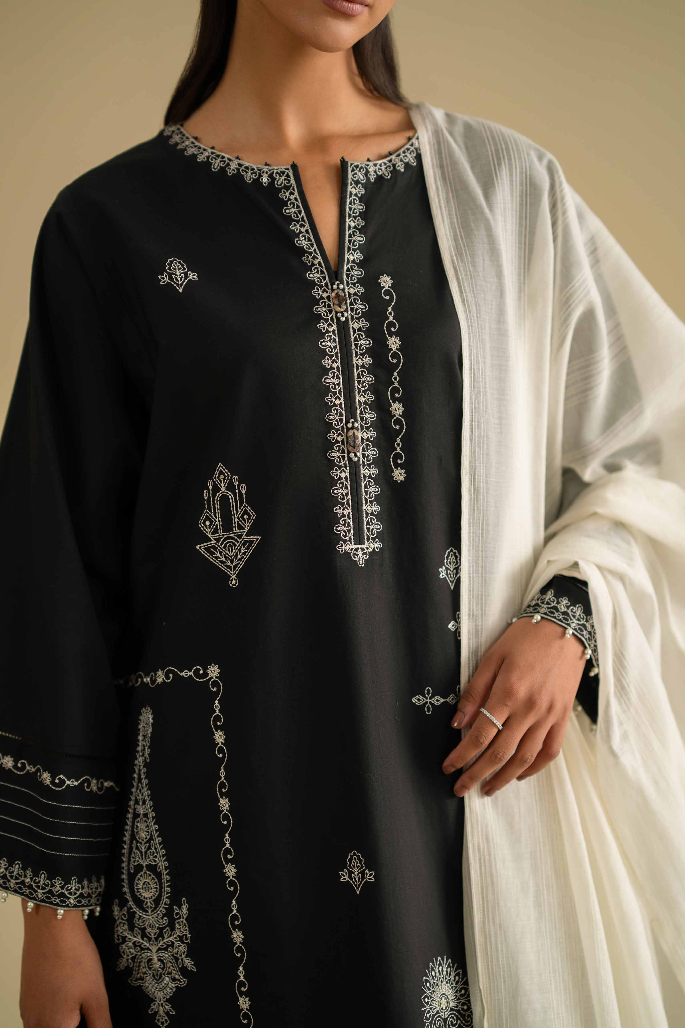 3 Piece - Embroidered Suit - KFE26-84 Black Cambric 3PC Embroidered LUXURY