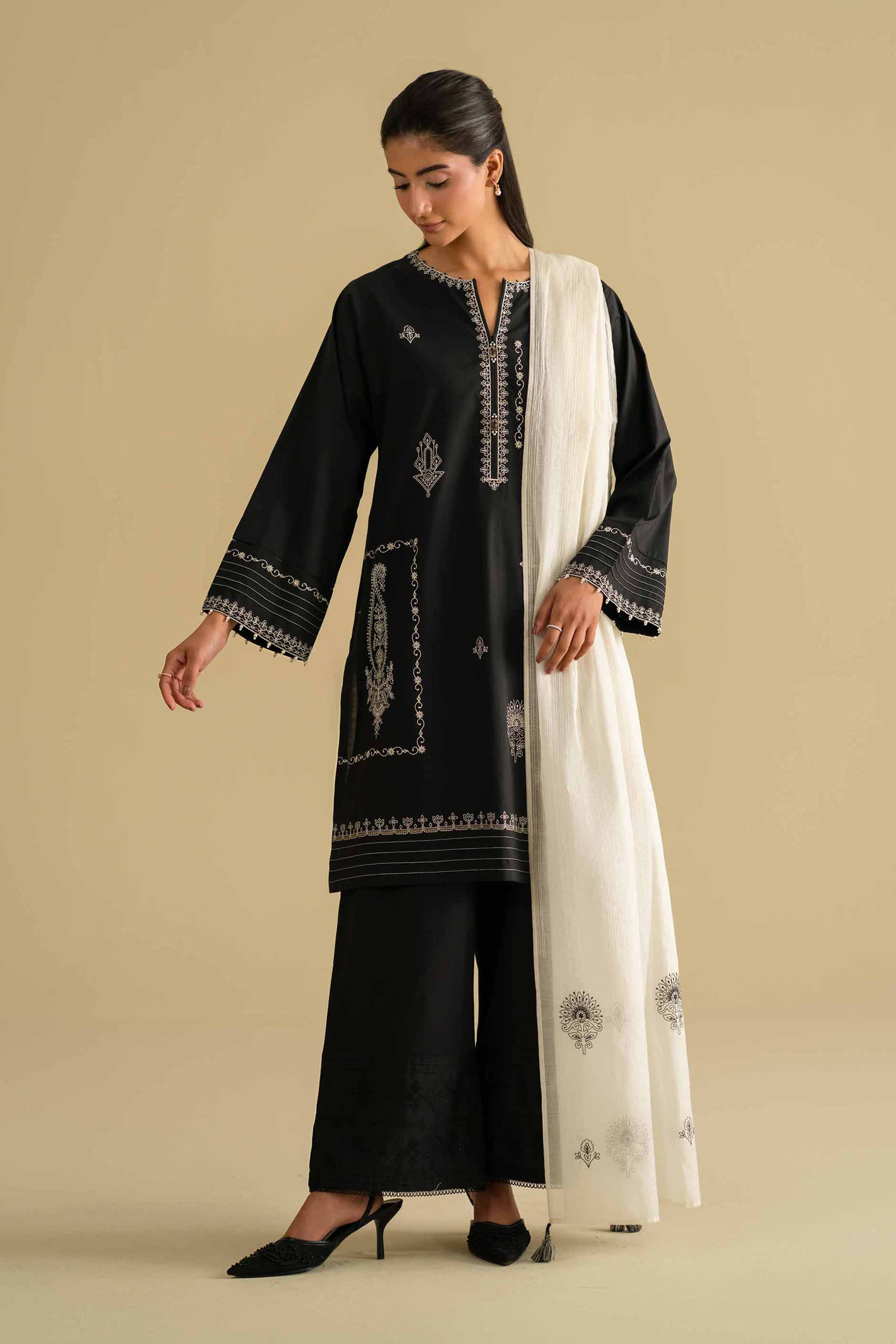 3 Piece - Embroidered Suit - KFE26-84 Black Cambric 3PC Embroidered LUXURY