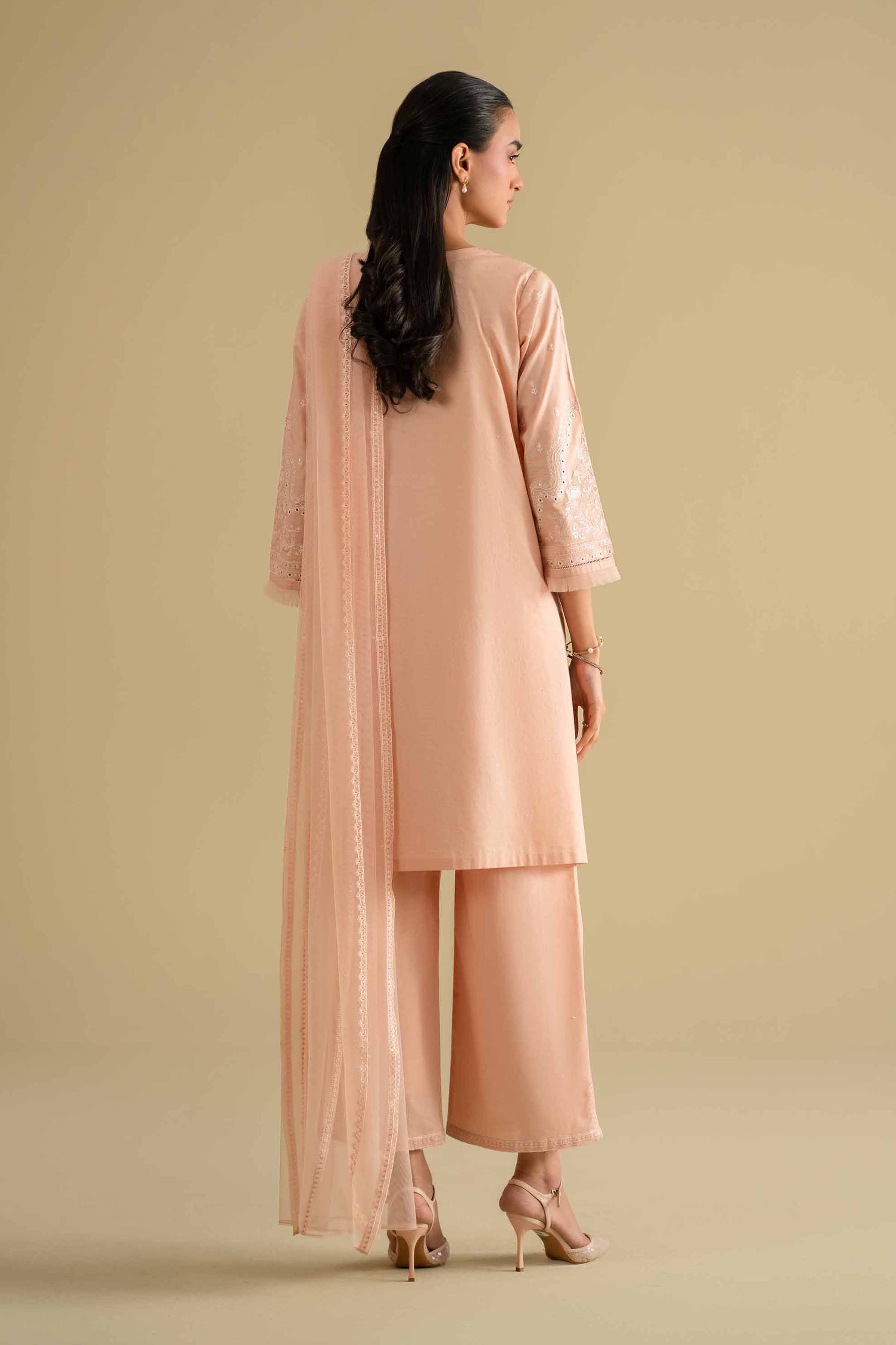 3 Piece - Embroidered Suit - KFE26-90 Orange Cambric 3PC Embroidered READY TO WEAR - LUXURY