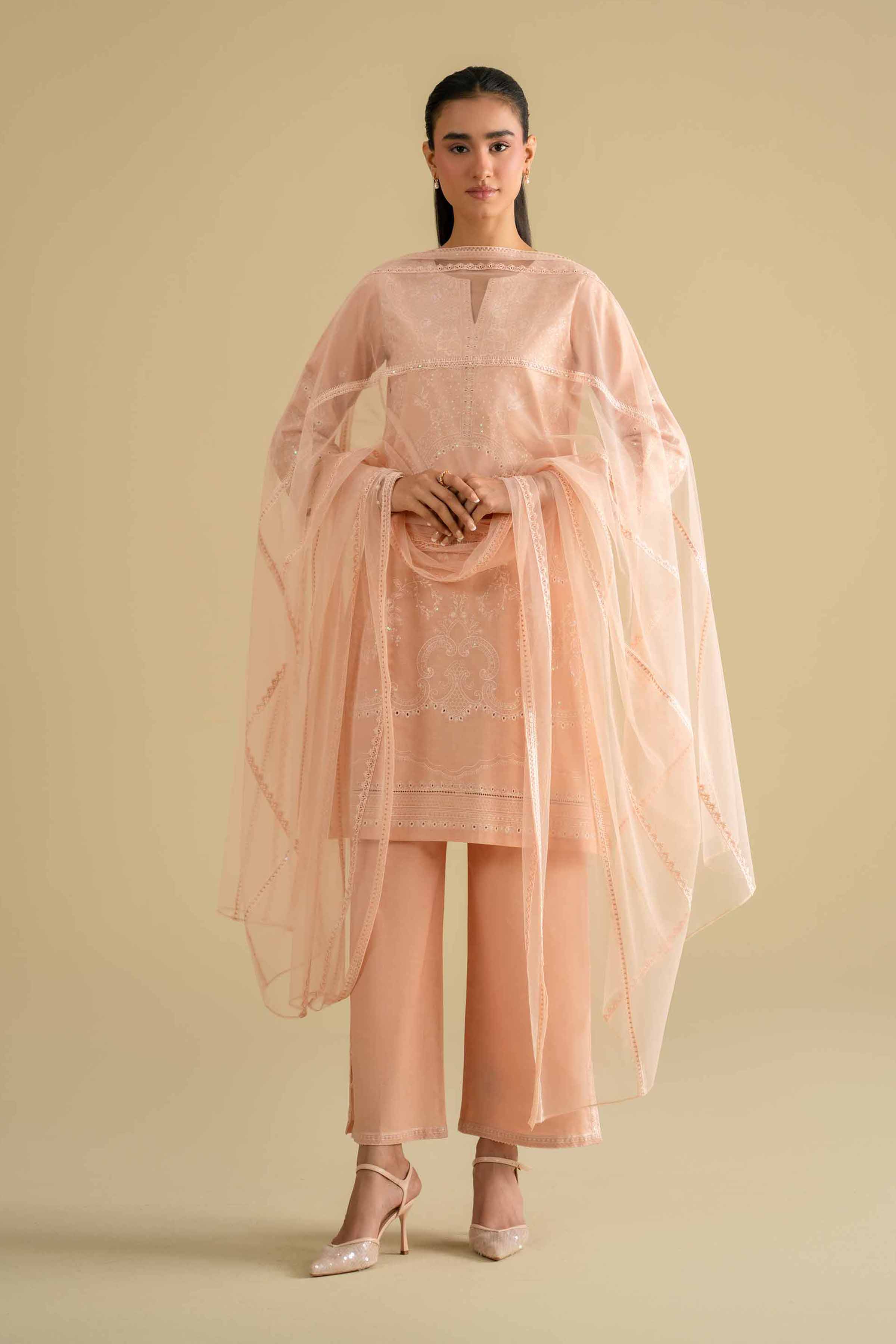 3 Piece - Embroidered Suit - KFE26-90 Orange Cambric 3PC Embroidered READY TO WEAR - LUXURY