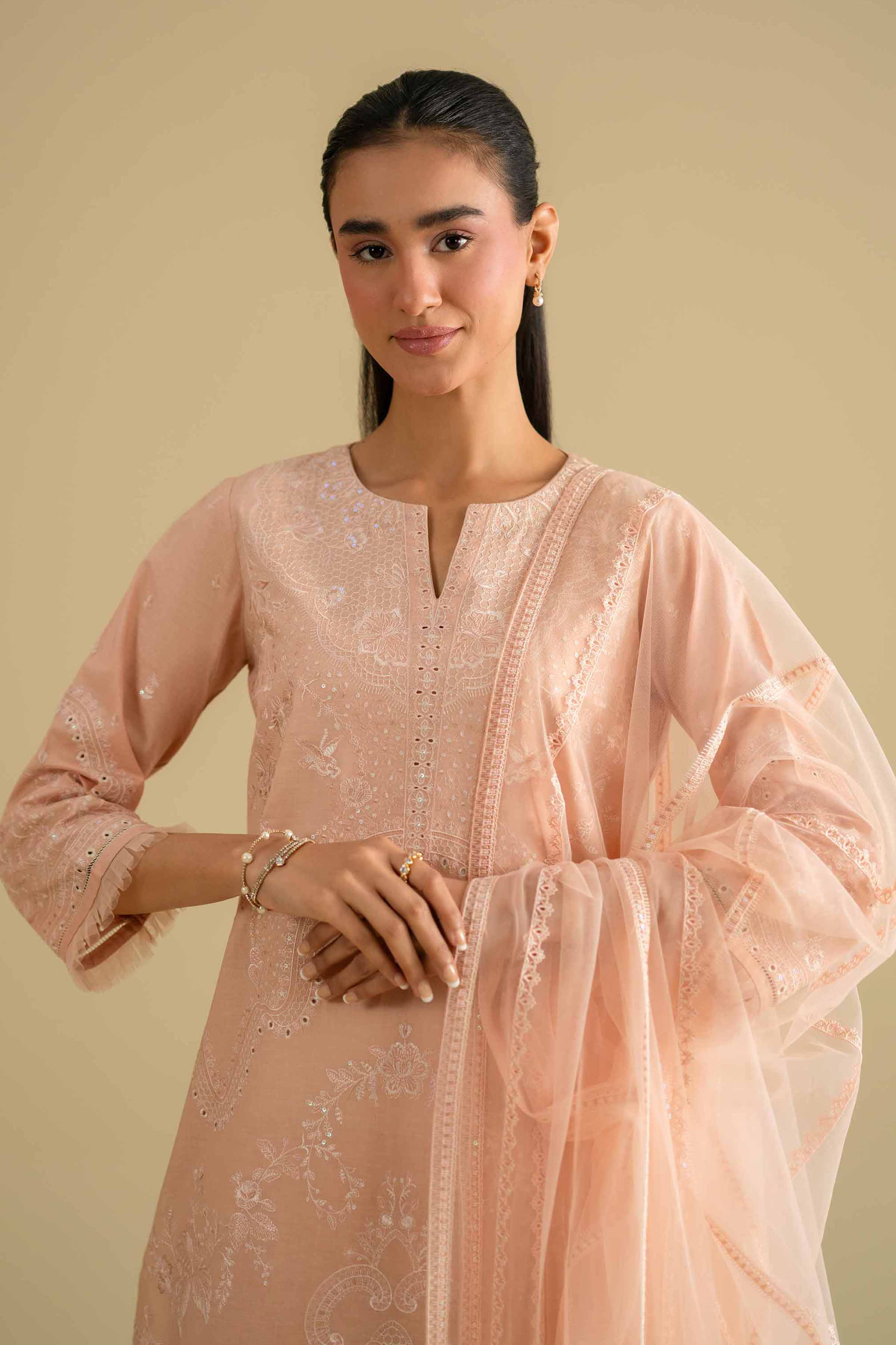 3 Piece - Embroidered Suit - KFE26-90 Orange Cambric 3PC Embroidered READY TO WEAR - LUXURY