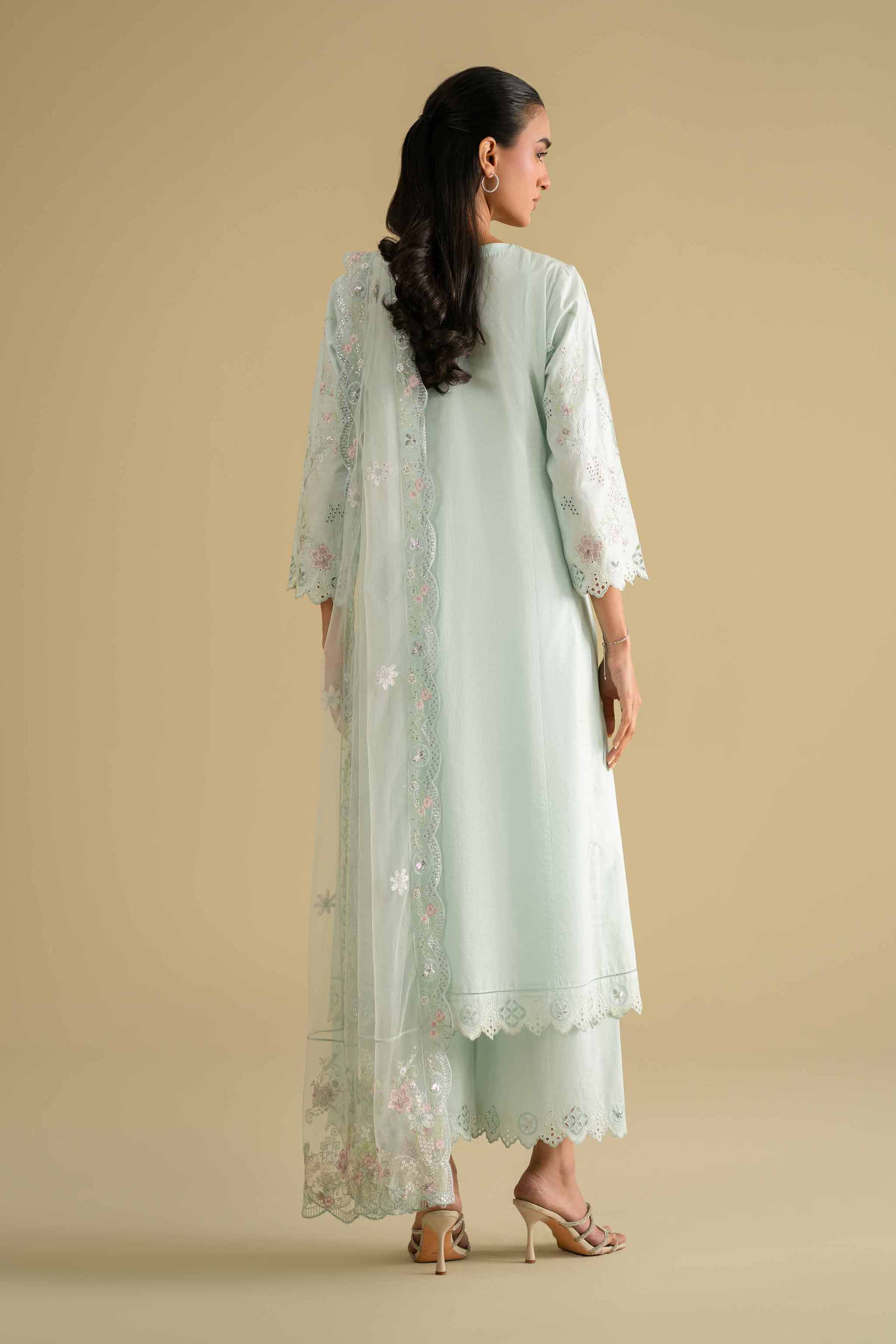 3 Piece - Embroidered Suit - KFE26-91 Blue Cambric 3PC Embroidered READY TO WEAR - LUXURY