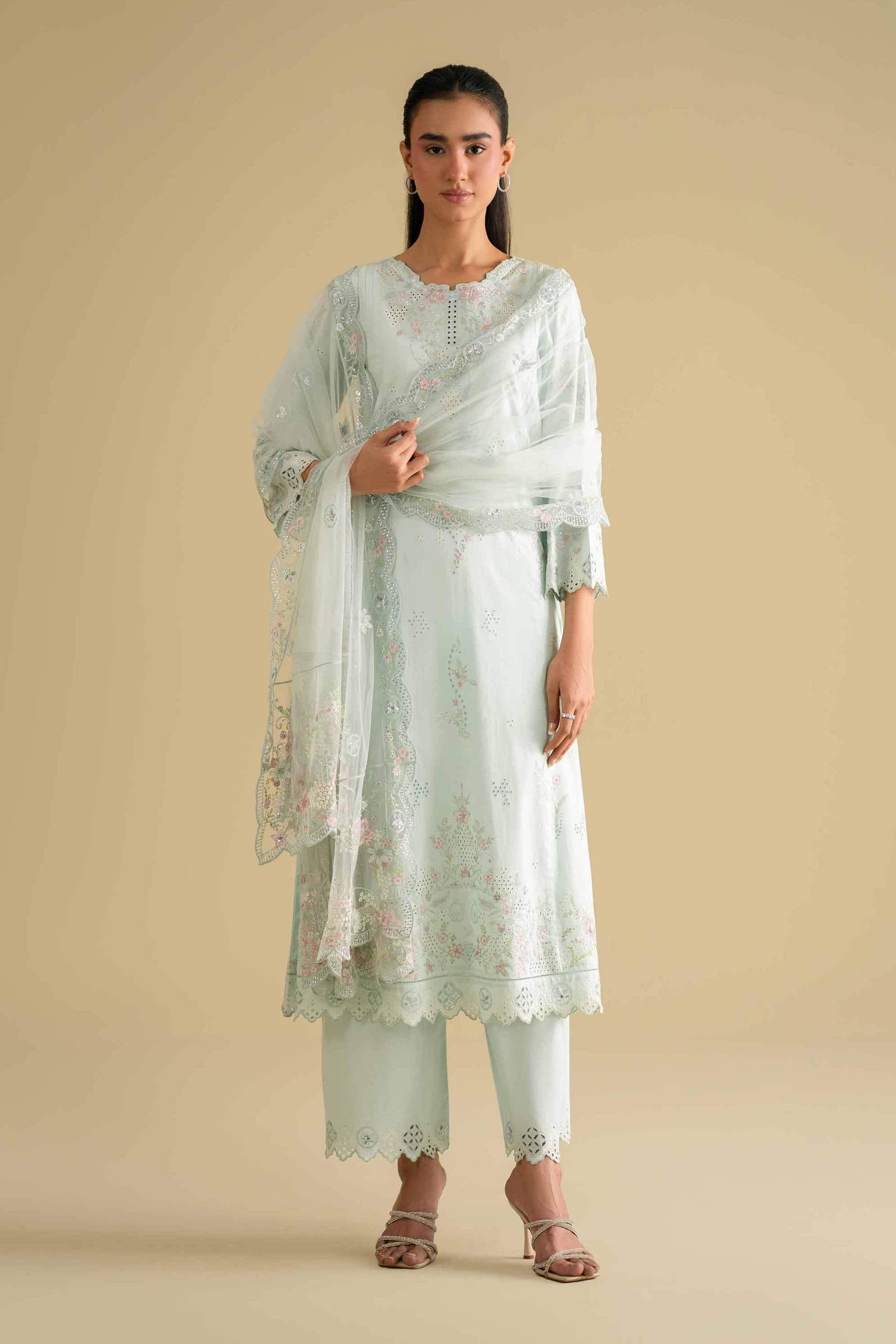 3 Piece - Embroidered Suit - KFE26-91 Blue Cambric 3PC Embroidered READY TO WEAR - LUXURY