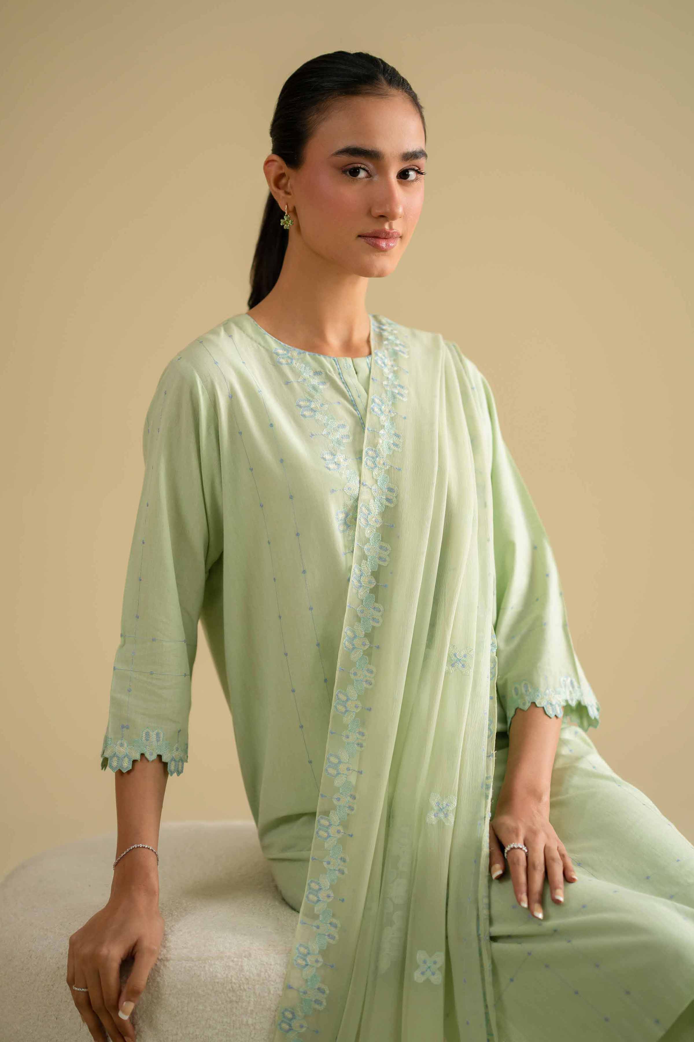 4 Piece - Embroidered Suit - KFE26-93 Ready To Wear - Luxury Green Yarn Dyed 3PC Embroidered