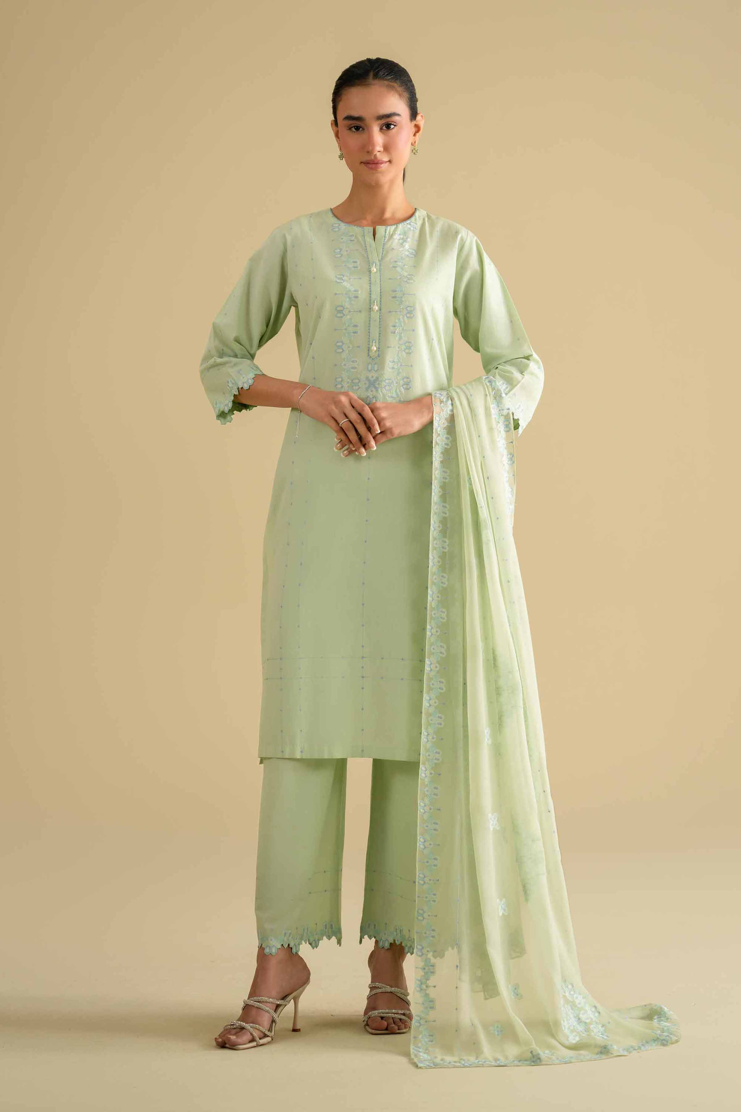 3 Piece - Embroidered Suit - KFE26-93 Ready To Wear - Luxury Green Yarn Dyed 3PC Embroidered