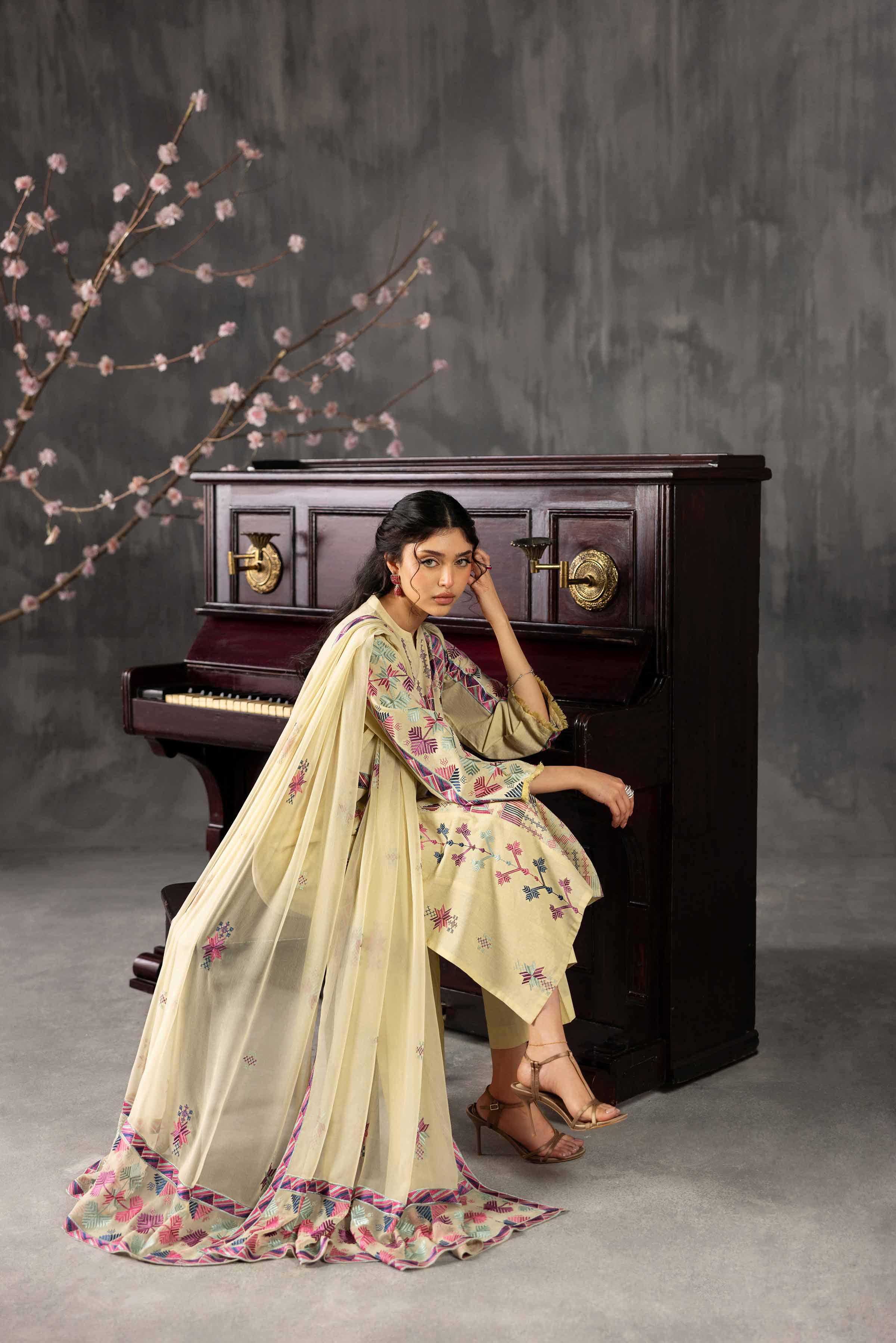 3 Piece - Embroidered Suit - KFE26-94 Yellow Yarn Dyed 3PC Embroidered READY TO WEAR