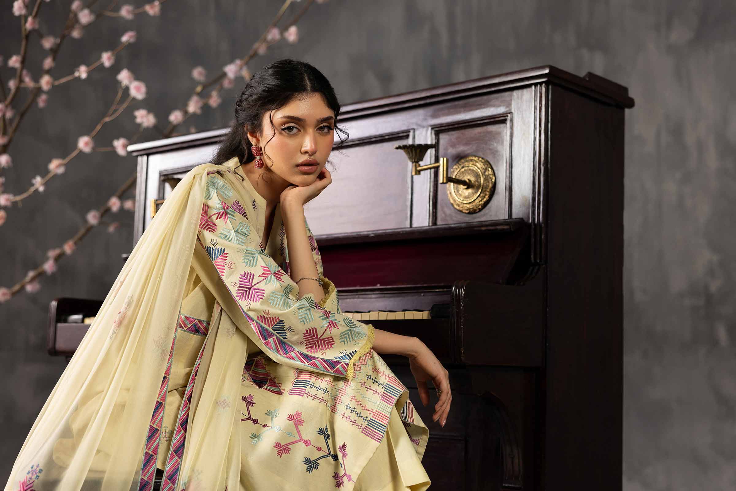 3 Piece - Embroidered Suit - KFE26-94 Yellow Yarn Dyed 3PC Embroidered READY TO WEAR