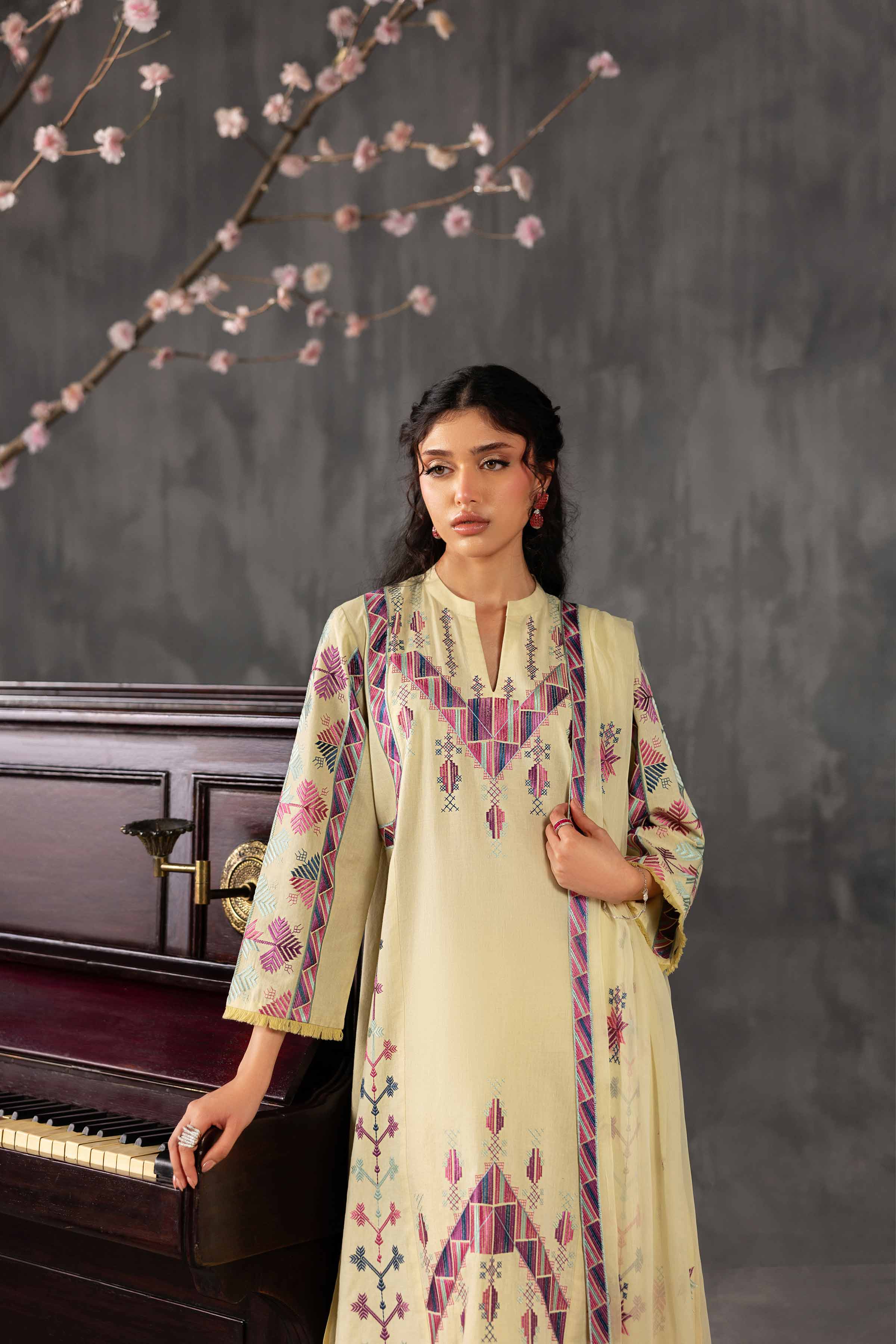 3 Piece - Embroidered Suit - KFE26-94 Yellow Yarn Dyed 3PC Embroidered READY TO WEAR