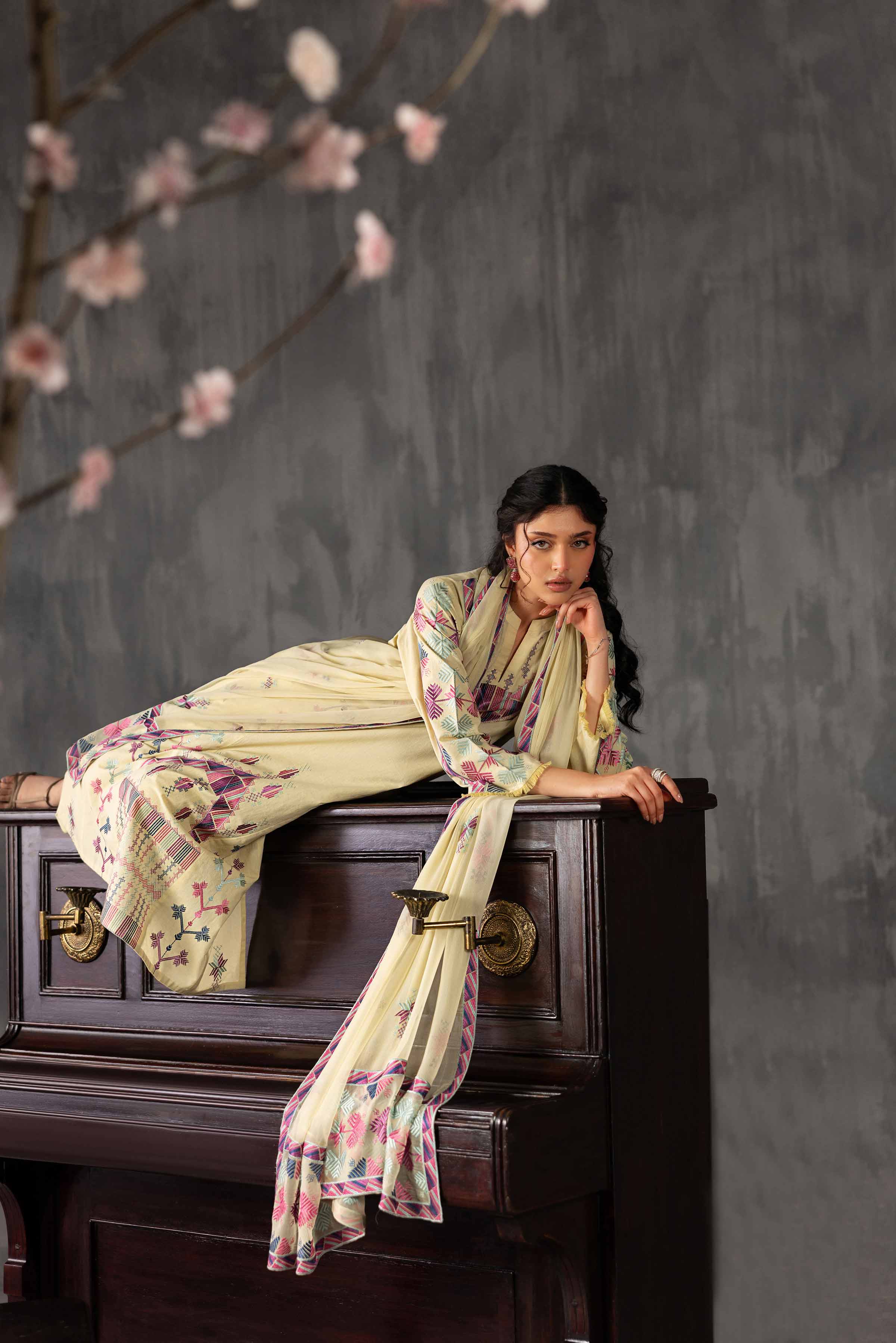 3 Piece - Embroidered Suit - KFE26-94 Yellow Yarn Dyed 3PC Embroidered READY TO WEAR