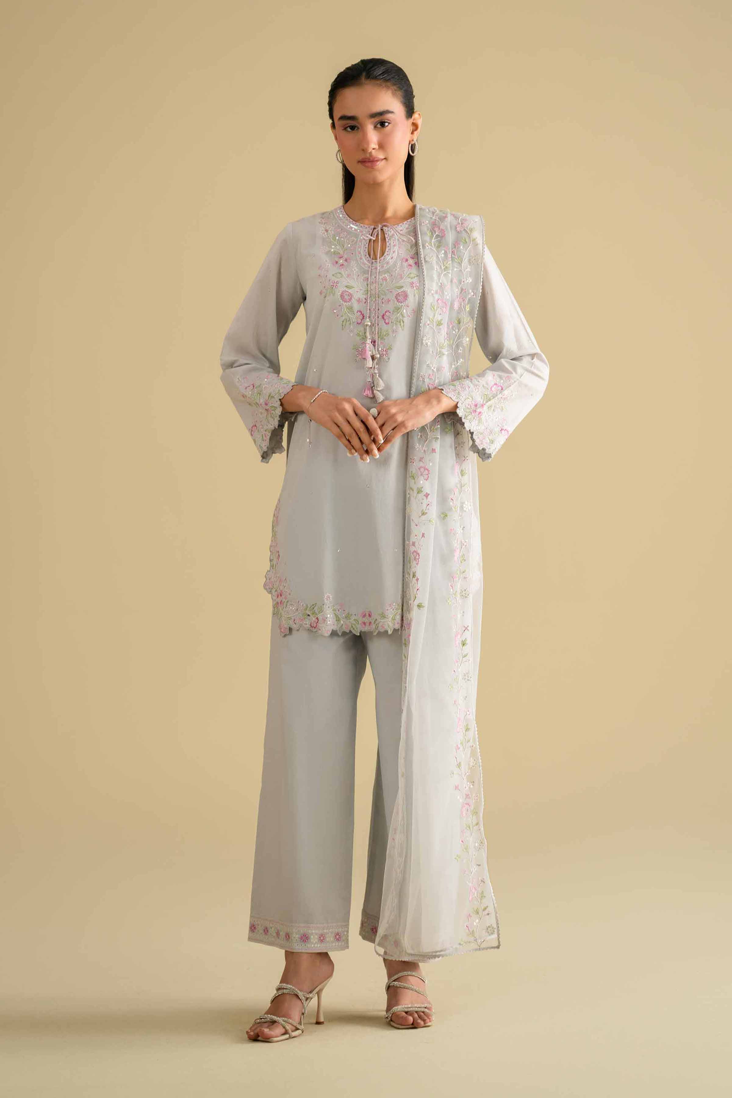 3 Piece - Embroidered Suit - KFE26-95 Grey Cambric 3PC Embroidered READY TO WEAR - LUXURY