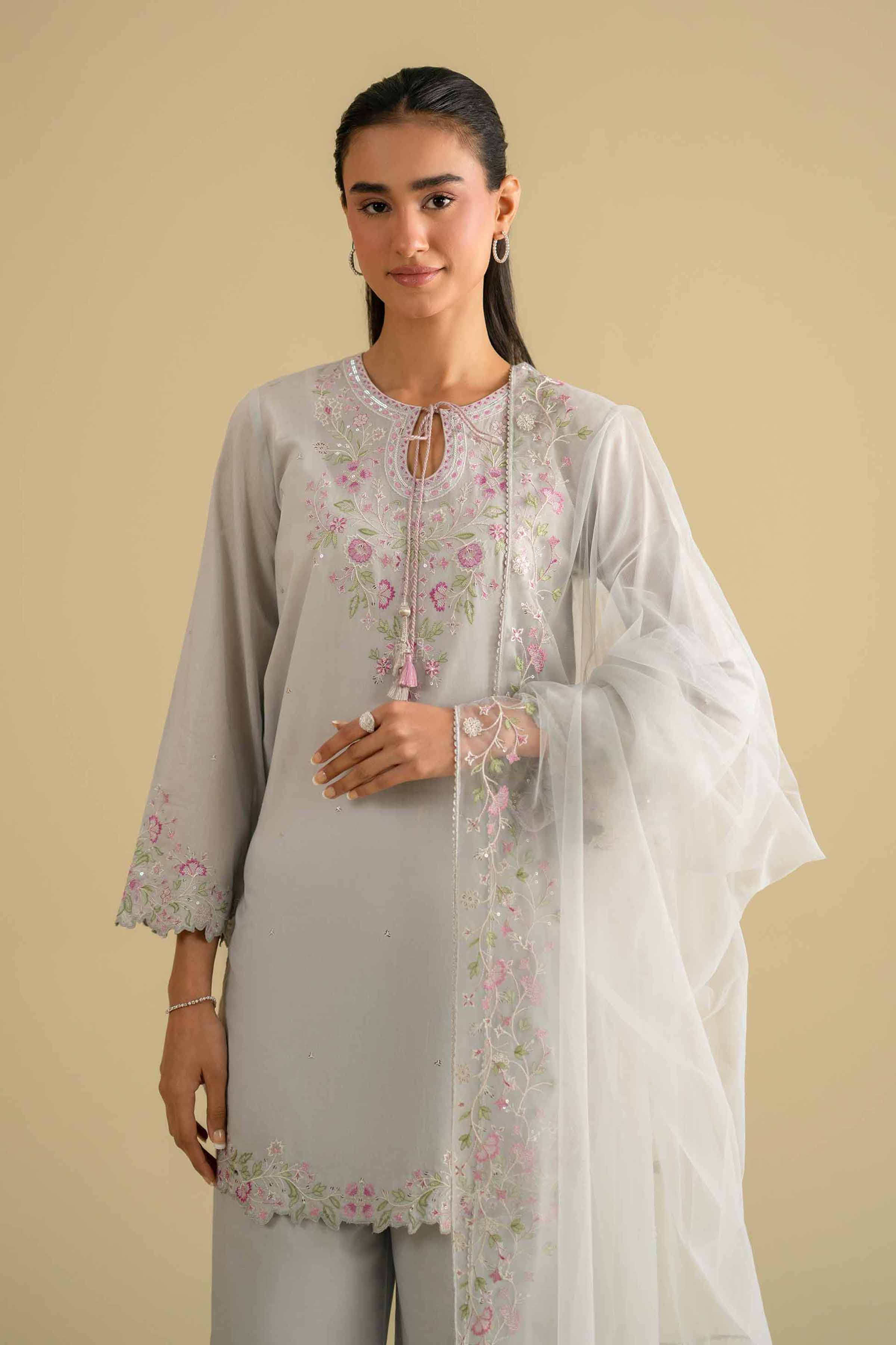 3 Piece - Embroidered Suit - KFE26-95 Grey Cambric 3PC Embroidered READY TO WEAR - LUXURY
