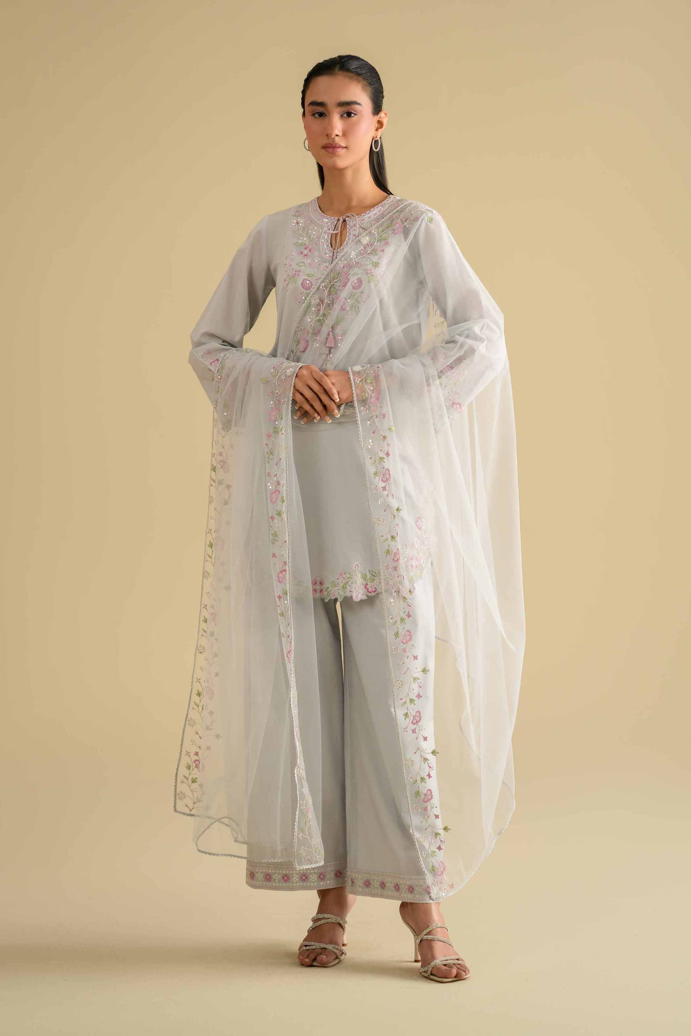 3 Piece - Embroidered Suit - KFE26-95 Grey Cambric 3PC Embroidered READY TO WEAR - LUXURY