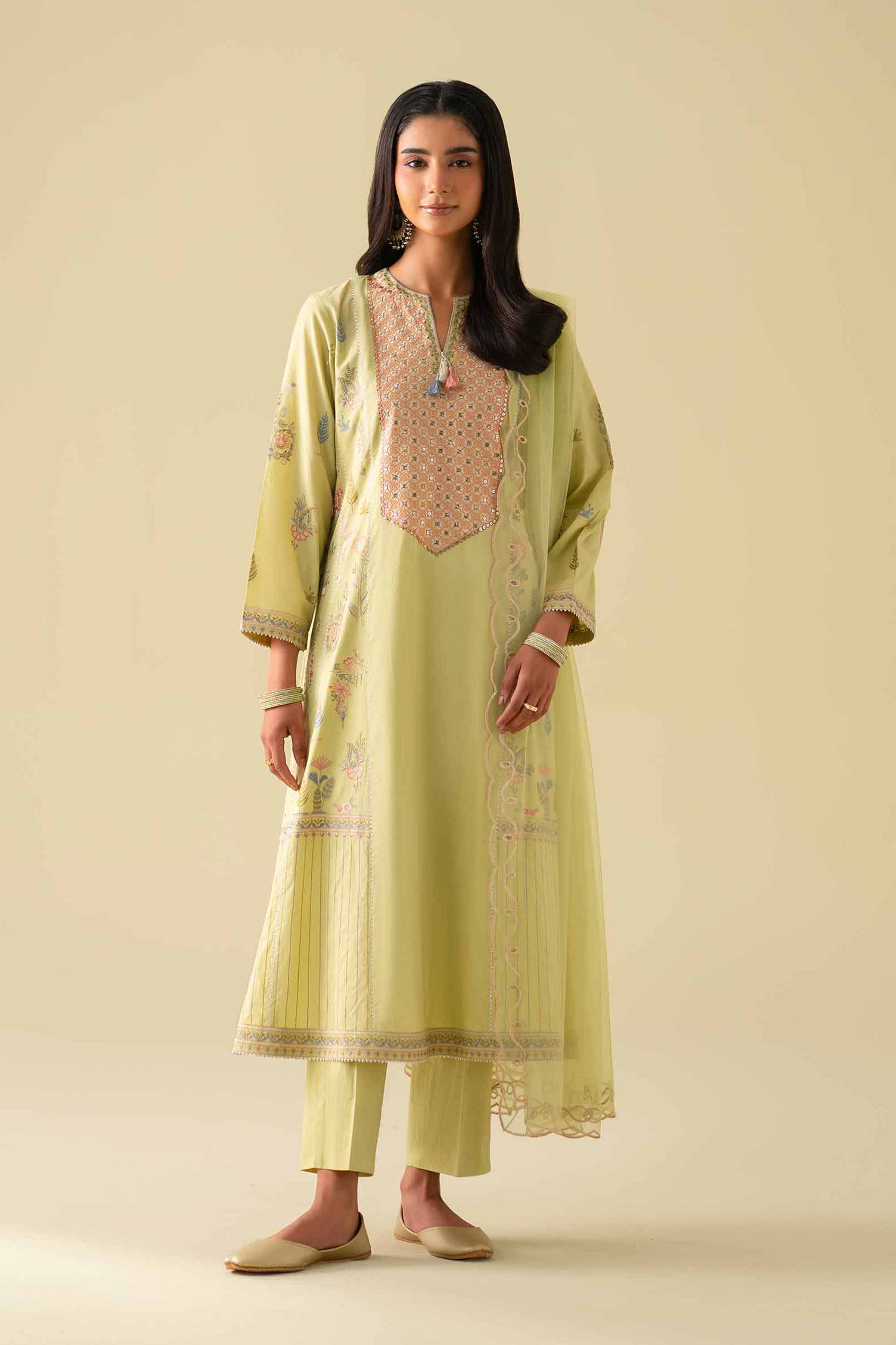 3 Piece - Embroidered Suit - KFE26-98 Green Cambric 3PC Embroidered READY TO WEAR