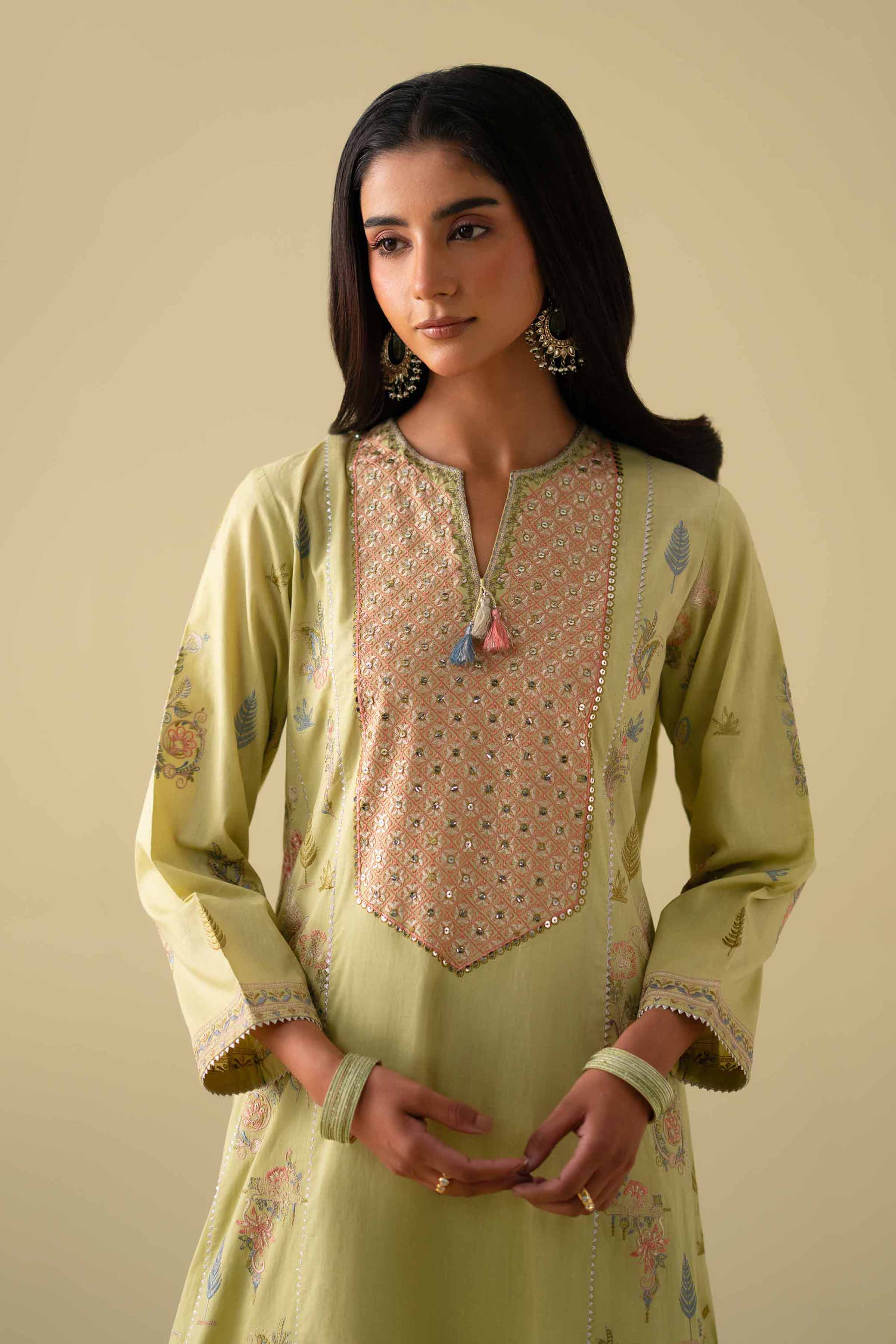 3 Piece - Embroidered Suit - KFE26-98 Green Cambric 3PC Embroidered READY TO WEAR