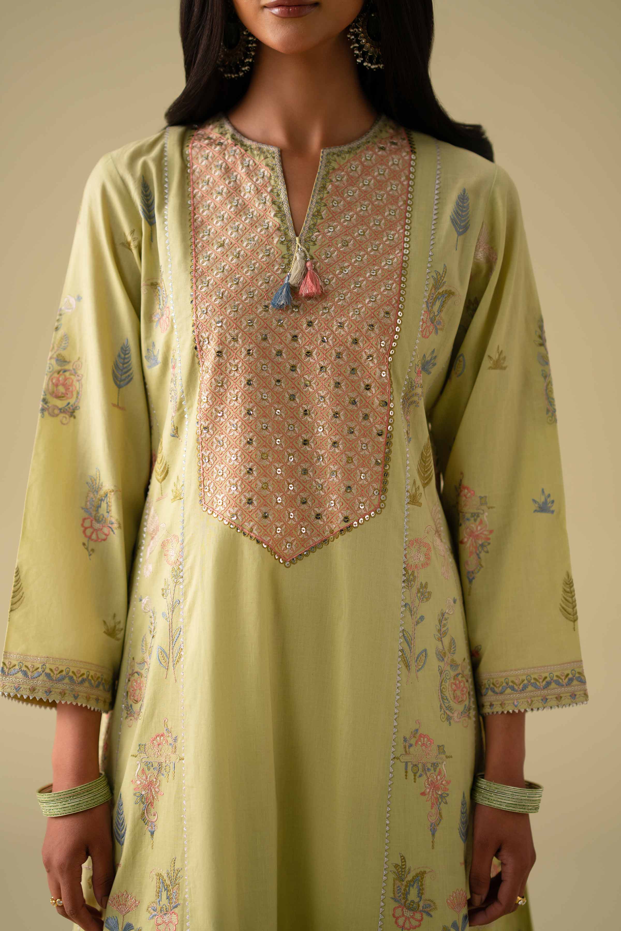 3 Piece - Embroidered Suit - KFE26-98 Green Cambric 3PC Embroidered READY TO WEAR