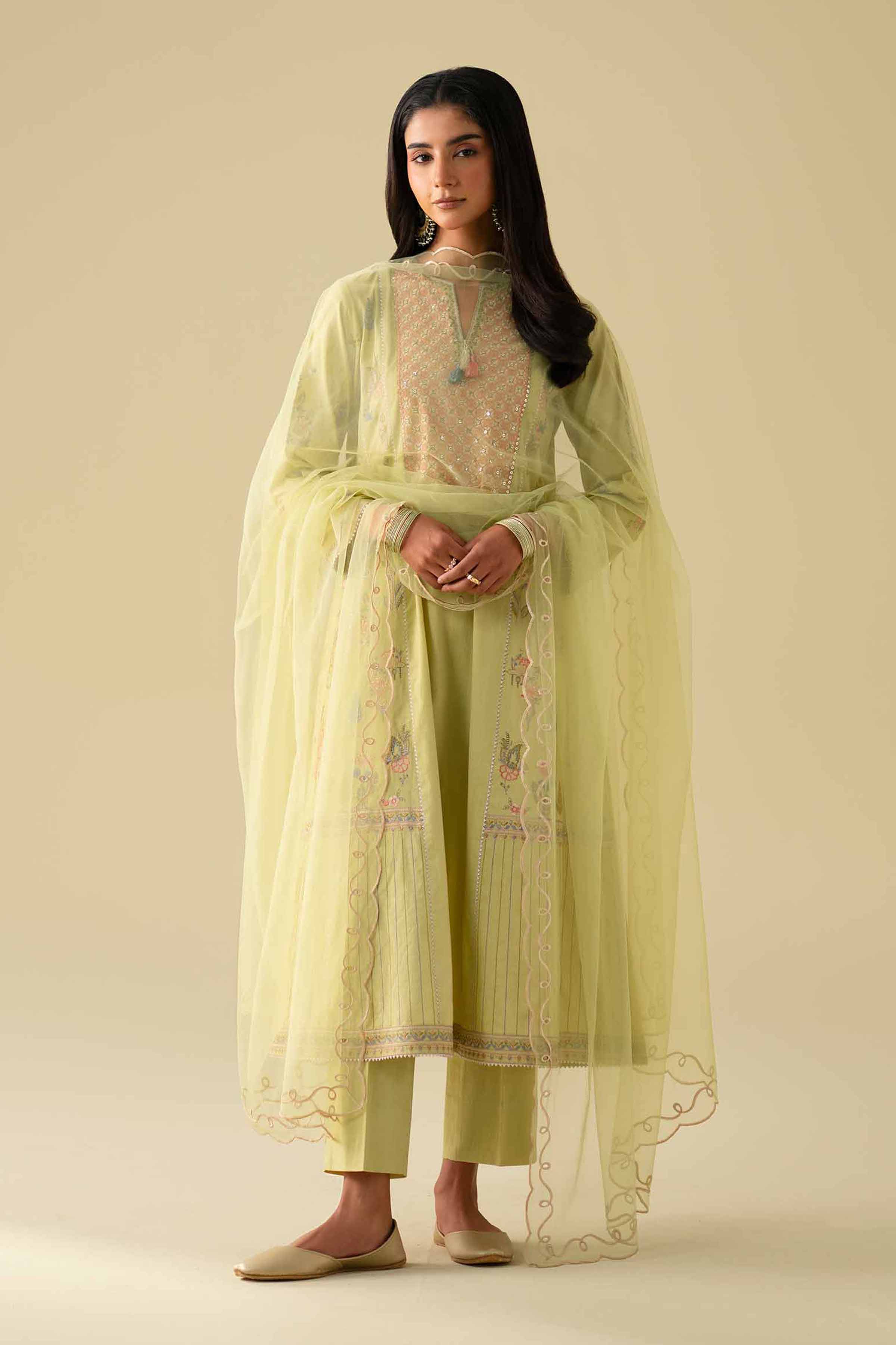 3 Piece - Embroidered Suit - KFE26-98 Green Cambric 3PC Embroidered READY TO WEAR